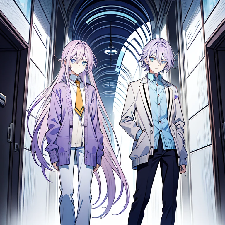 Androgynous guy with very long lilac hair and amber eyes looking unimpressed. He's wearing a soft blue cardigan and casual pants.