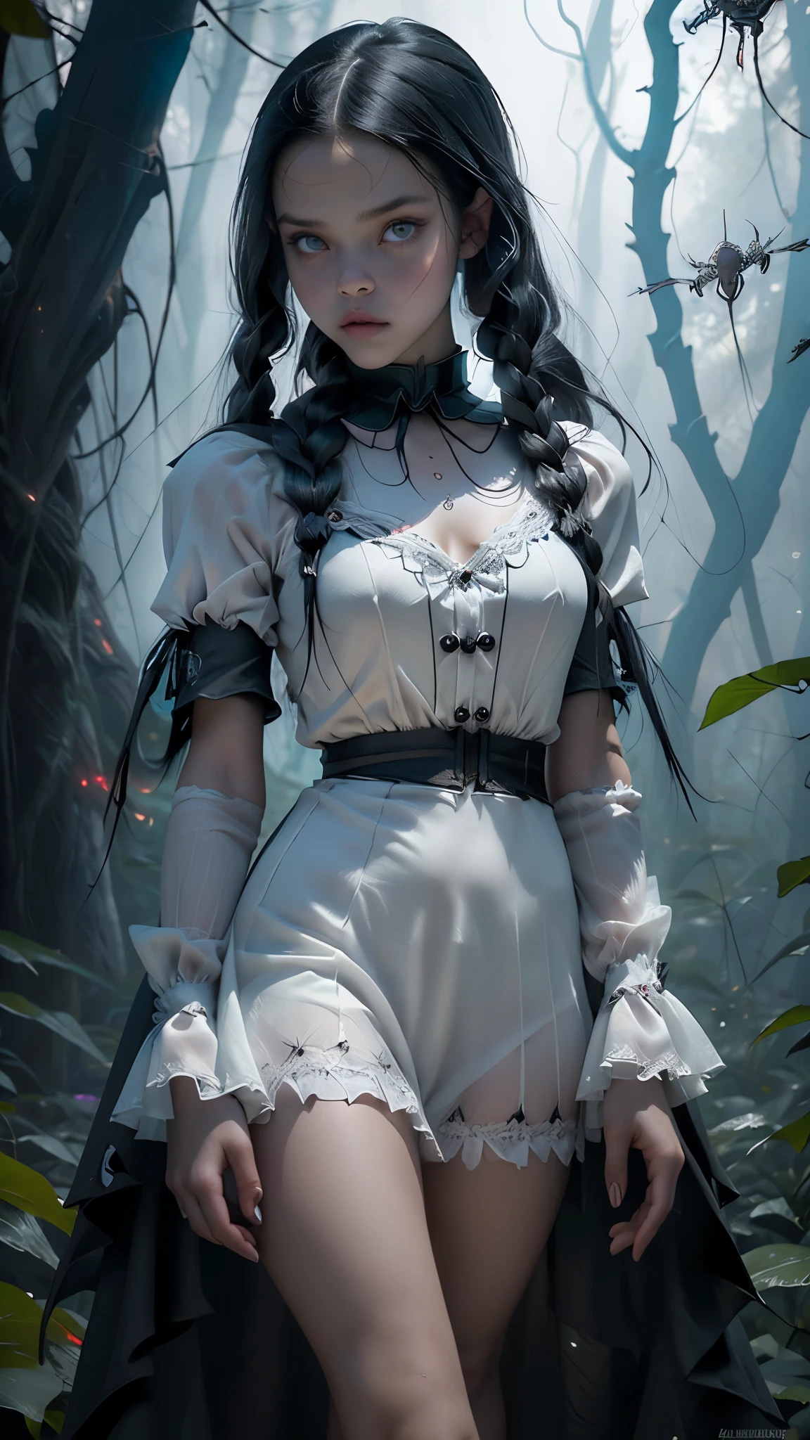Jenna Ortega as Wednesday Addams, con vestido corto Lolita white , (fondo bosque tenebroso rojo:1.4) , puntaje_9, puntaje_8_arriba, puntaje_7_arriba, puntaje_6_arriba, classification_explicit, 1 chica, ((18 years:1.2)), adulto, labios llenos, grandes ojos claros, ojos azul claro, ((pelo rubio:1)), (cabello ondulado largo: 1.2),(Jenna Ortega as Wednesday Addams:1.4), (Jenna Ortega as Wednesday Addams V2.1), (Detalles de la cara: 1.5, ojos azules brillantes, hermoso rostro, ojos bonitos, Iris lining, labios delgados: 1.5, delgado, pale and sharp eyebrows, Largo, dark eyelashes, double tabs),(skulls on the floor), (mostrando panties :1.4), (fondo bosque tenebroso :1.4),( pechos perfectos), (pezon hermoso), (vestido white Lolita corto :1.4), (fondo bosque tenebroso rojo :1.4)