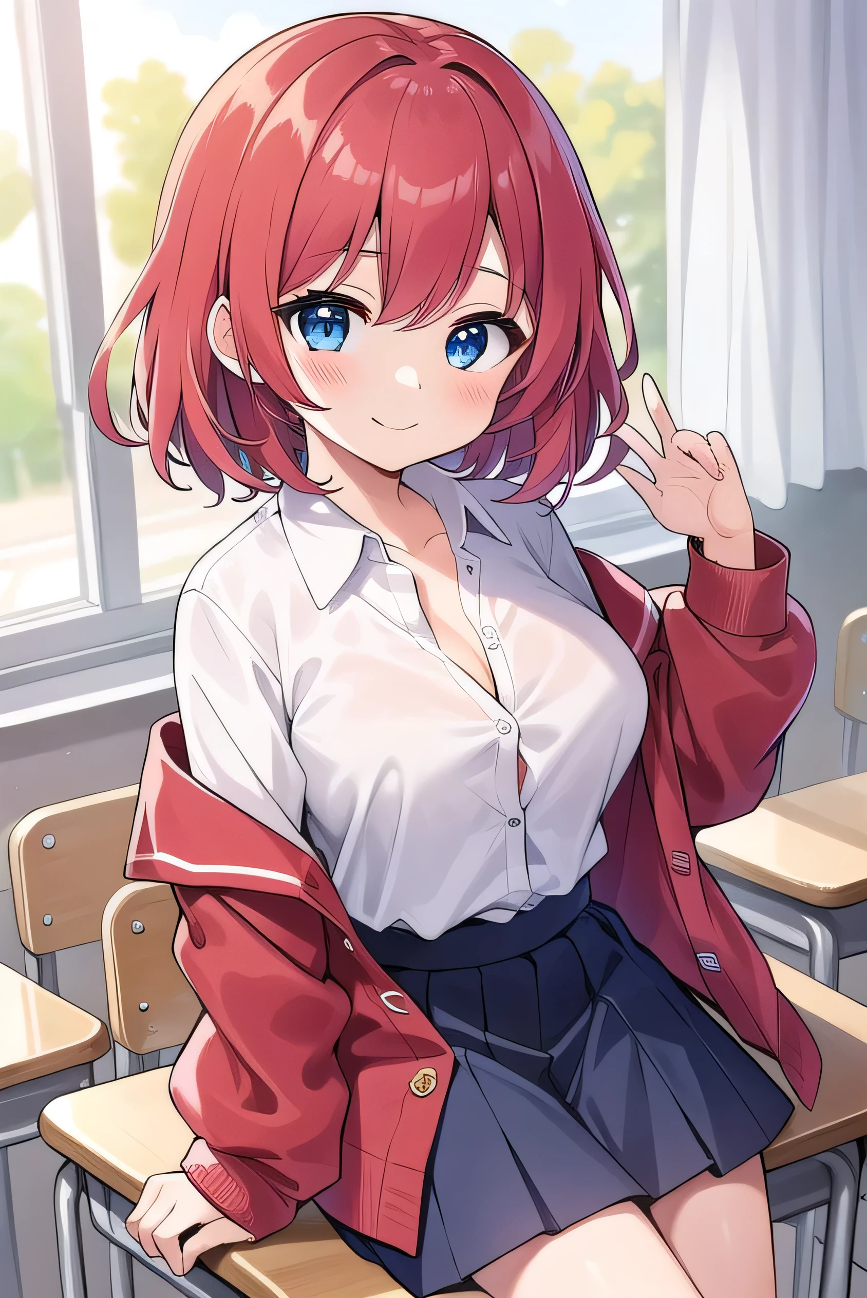 Big breasts, red hair, blue eyes, droopy eyes, red jacket, long sleeves, navy skirt, elementary school student, super big breasts, (medium hair: 1), baggy clothes, elementary school student, young face, short height, 10 years old, old, shy Agari, smiling a little, trying to unbutton his shirt in the classroom, white shirt, soft hair,straight hair,All the buttons on the shirt are undone, the front of the shirt is open, and the bra is visible.