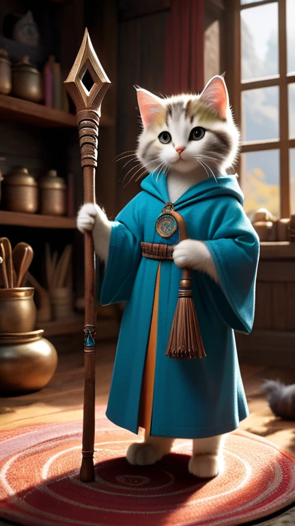 A fascinating image，Depicts a cute rainbow-colored kitten wizard，Wearing a complicated robe, Holding an ancient walking stick, Hard at work in her fantastic studio, Complex runic symbols swirl around her, Apparently she was busy casting a powerful spell.. As she focuses on the task at hand，Her fluffy tail flicks gently, Adding a wonderful atmosphere to this magical scene. Soft lighting and detailed environments create an immersive environment，Let your imagination run wild. This charming artwork is sure to delight fans of kittens and fantasy worlds alike, Bringing them into a realm of wonder and possibility, Ultra Detailed, High-quality visuals, Dim Lights, Surreal, Highly concentrated, Octane Rendering, 8k ultra high definition