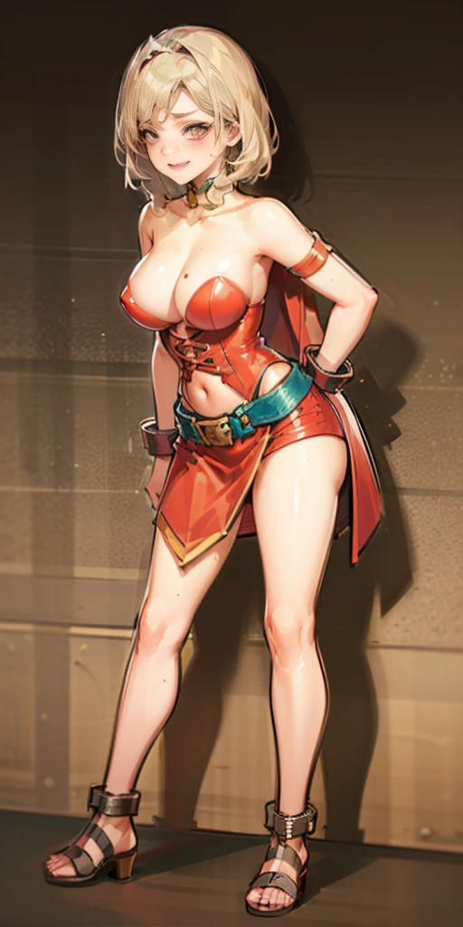 ((BLACK BACKGROUND,1:2, masterpiece)), full body MILF BIMBO standing with two long thighs and two metal sandals, red eyes, silver white hair, short bob style hair, big breasts, cleavage, separate sleeves, tiara royal, long cape up to two feet, yellow bikini, hands on waist, navel, lustful smirking smiling, smile face (red blushed, red cheeks), metal shoulders, gold sleeveless armbands, black leather choker slave collar, shackle bracelets, sex slave red crest, pauldrons, breastplate, corset, eye focus, full body, whole body. 1solo . slave fighter, loincloth standing, hands on hips, metal sandals, backpack, choker, big belt, view from below, feet together, bracers, tiara)