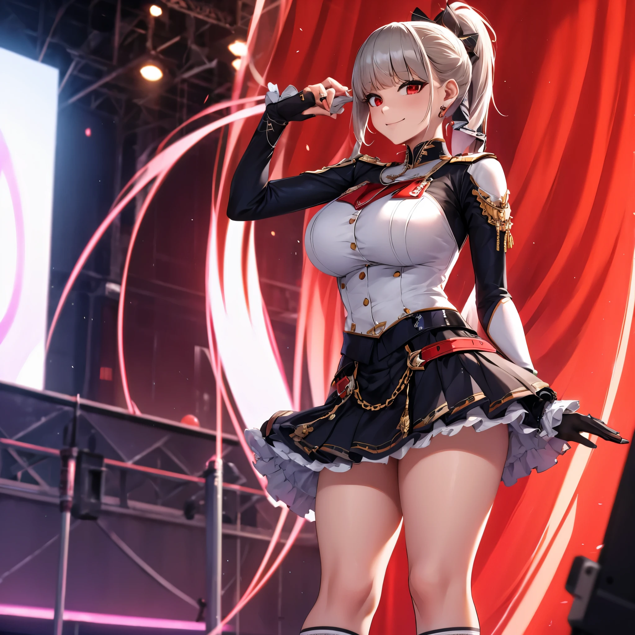 A woman wearing a gray idol uniform with red details, short skirt, black women's long socks, big breasts, smiling, long gray hair, ponytail hair, red eyes, on an idol music stage with red, white, orange lights, HDR, ultra resolution, well defined, masterpiece, 8K HD. (solo woman)
