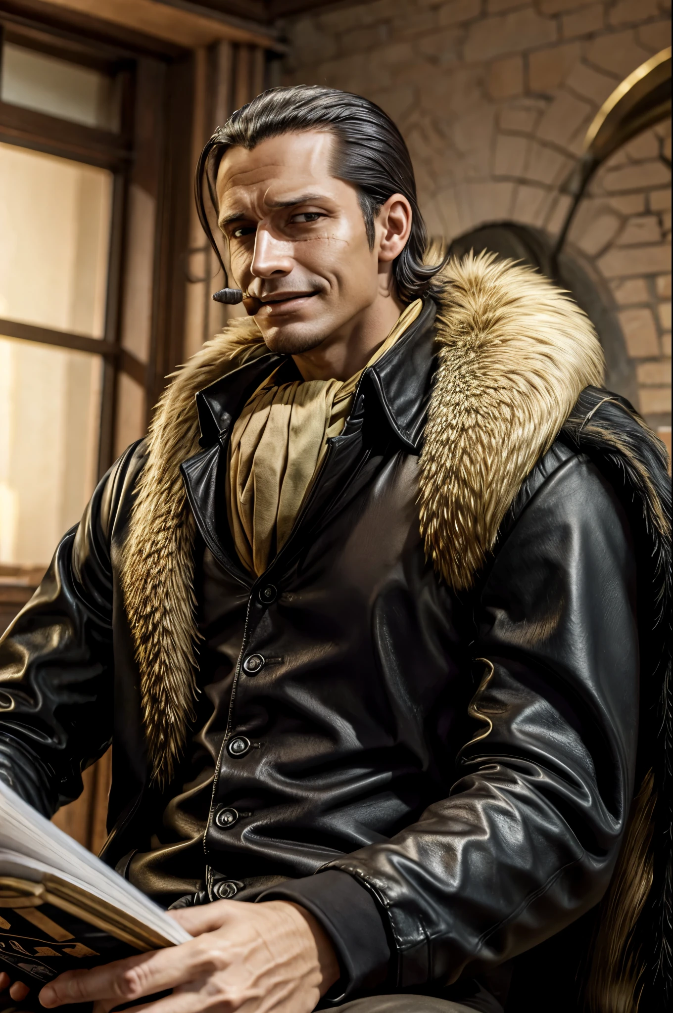 masterpiece, best quality, extremely detailed, hyperrealistic, photorealistic, a cool 40s man, ultra detailed face:1.2, fur-trimmed coat, scarf around the neck, his left hand is a golden pirate hook:1.1, distant view shot, modern office:1.2, reading book, paper, dynamic pose, cigar, sly smile, relaxed