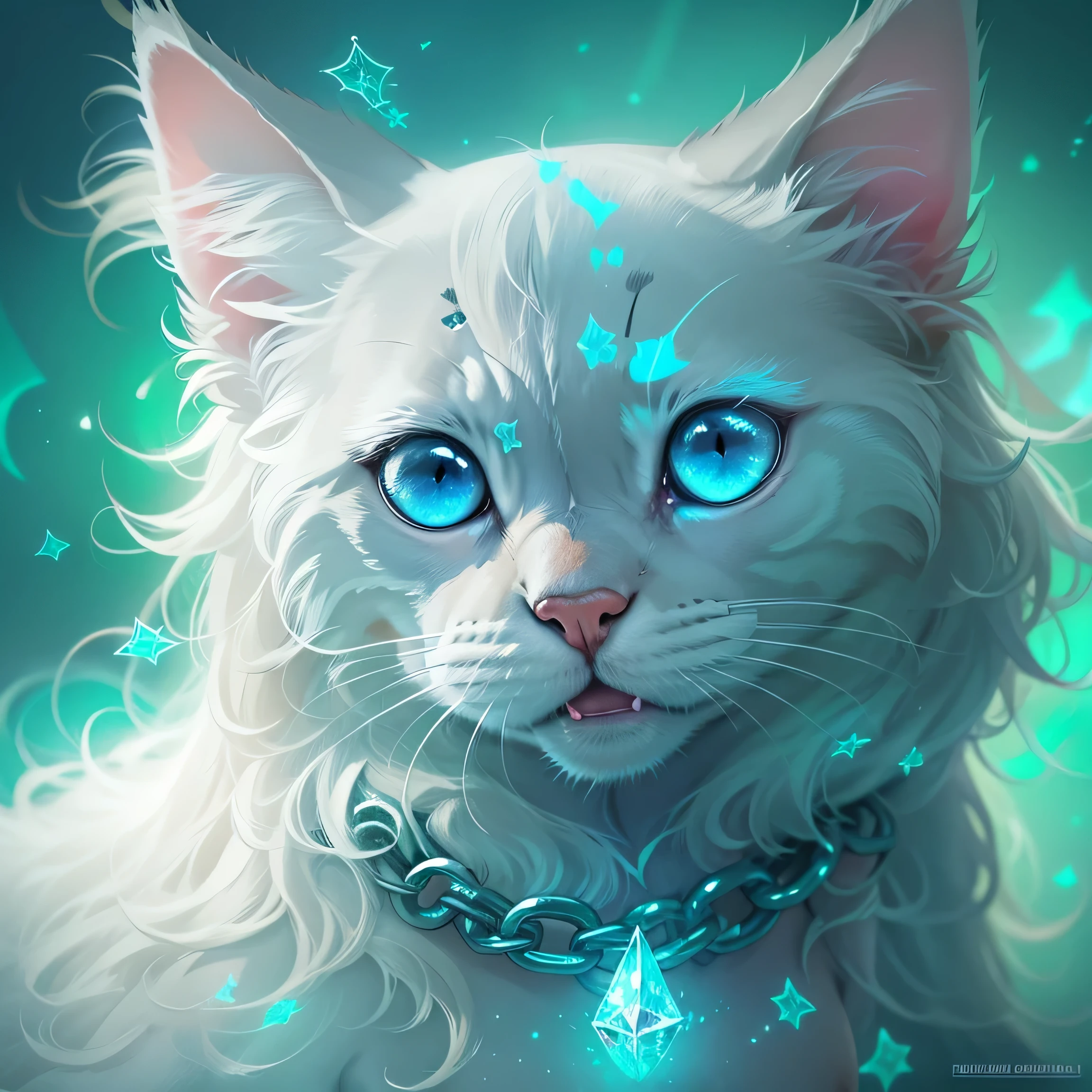 There is a cat with blue eyes and a chain around its neck., Digital Art by Galen Dara, Trending on CGSociety, Digital Art, blue shining eyes, beautiful Glowing blue eyes, blue shining eyes, Sparkling blue eyes, Glowing blue eyes, Sparkling blue eyes, Blue reflective eyes, cute eyes of dream animals, Crystal Blue Eyes, ice blue eyes