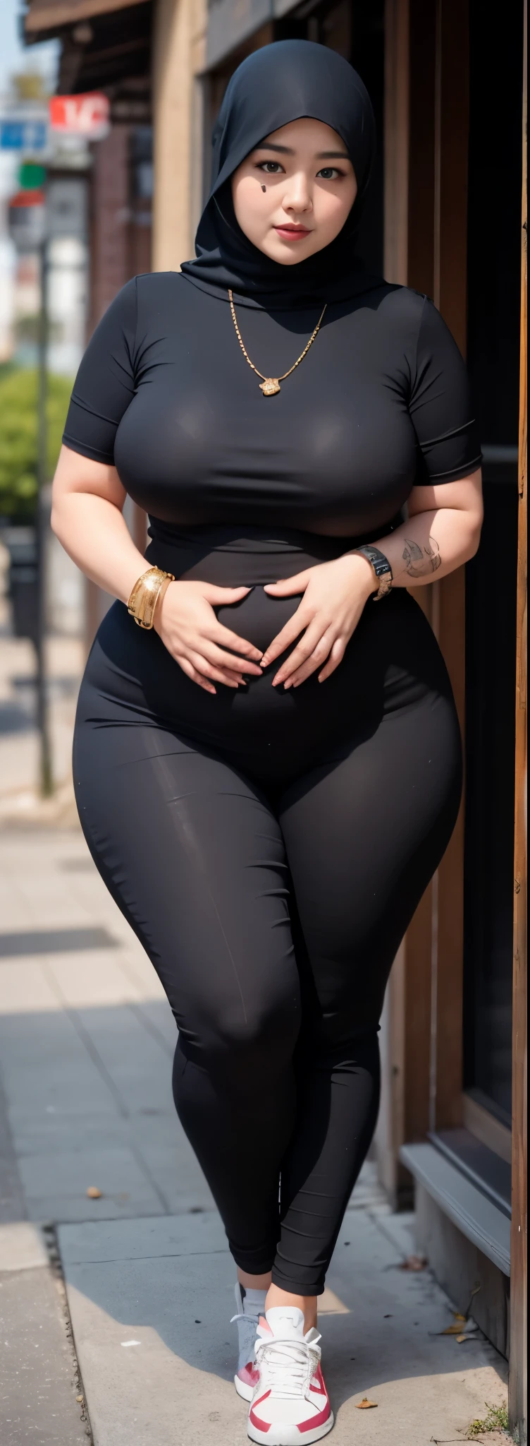 ((best quality)), ((masterpiece)), (detailed), perfect face, araffe woman thick and thight long pants posing for a picture, curvy model,, curvy hourglass figure, sexy longest hand t-shirt, thicc, beautiful full body shot, soft curvy shape, in a longest hand t-shirt, a beautiful woman , bbwchan, , armpits, there is a old woman posing in a dark room with a maroon burka clothes , 43 years old, thick body, beautiful thick female, wide hips, thick legs, she has a jiggly fat round belly, thick thighs, curvy hourglass figure, thicc, curvy model, widest hips, hyperrealistic full figure, bbwchan, voluptuous body, thick, tattooed body, tattooed hands, hena on arm, hena in belly, Burka girl, muslim clothes, 43 years old woman. Burka chubby woman, chubby cheeks, wearing a sneakers, bob hairstyle, thick neck, short neck, there is a woman random pose red-brown hijab, bbwchan, thicc, brown hijab outfit, brown hijab fashion model, korean girl, korean woman, wearing brown robe, full length shot, alluring plus sized model, japanese goddess, clothed in hooded, voluptuous and arousing, portrait shot, curvy model, voluptuous body, wonderful, nene tanaka body , bbwchan, The overall atmosphere is smooth , haunting illustrations, extremely high-resolution details, photographic, realism pushed to extreme, fine texture, 4k, ultra-detailed, high quality, high contrast, red sneakers , cold atmosphere ,, 8k resolution , ultra-detailed resolution , wearing long thight pants, random pose with full body , full body, diamond necklace , wearing a watch , thick arm, thick cheeks , wearing a gold Bracelet