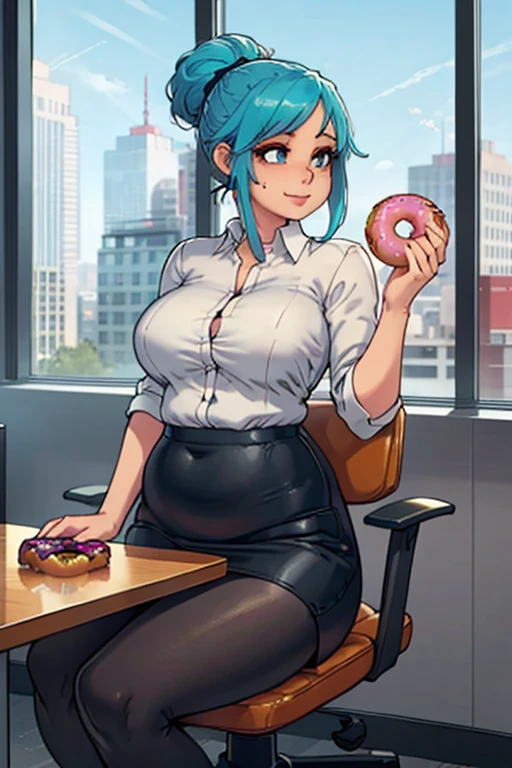 art by kipteitei, 1girl, aqua blue hair, hair up, blue eyes, black pencil skirt, dress shirt, black tights, happy expression, tight clothes, skinny, [[plump]], [[stuffed belly]], ((holding a donut)), sitting in office chair, leaning back, fancy office building with lots of windows (cowboy shot), (best quality, masterpiece)
