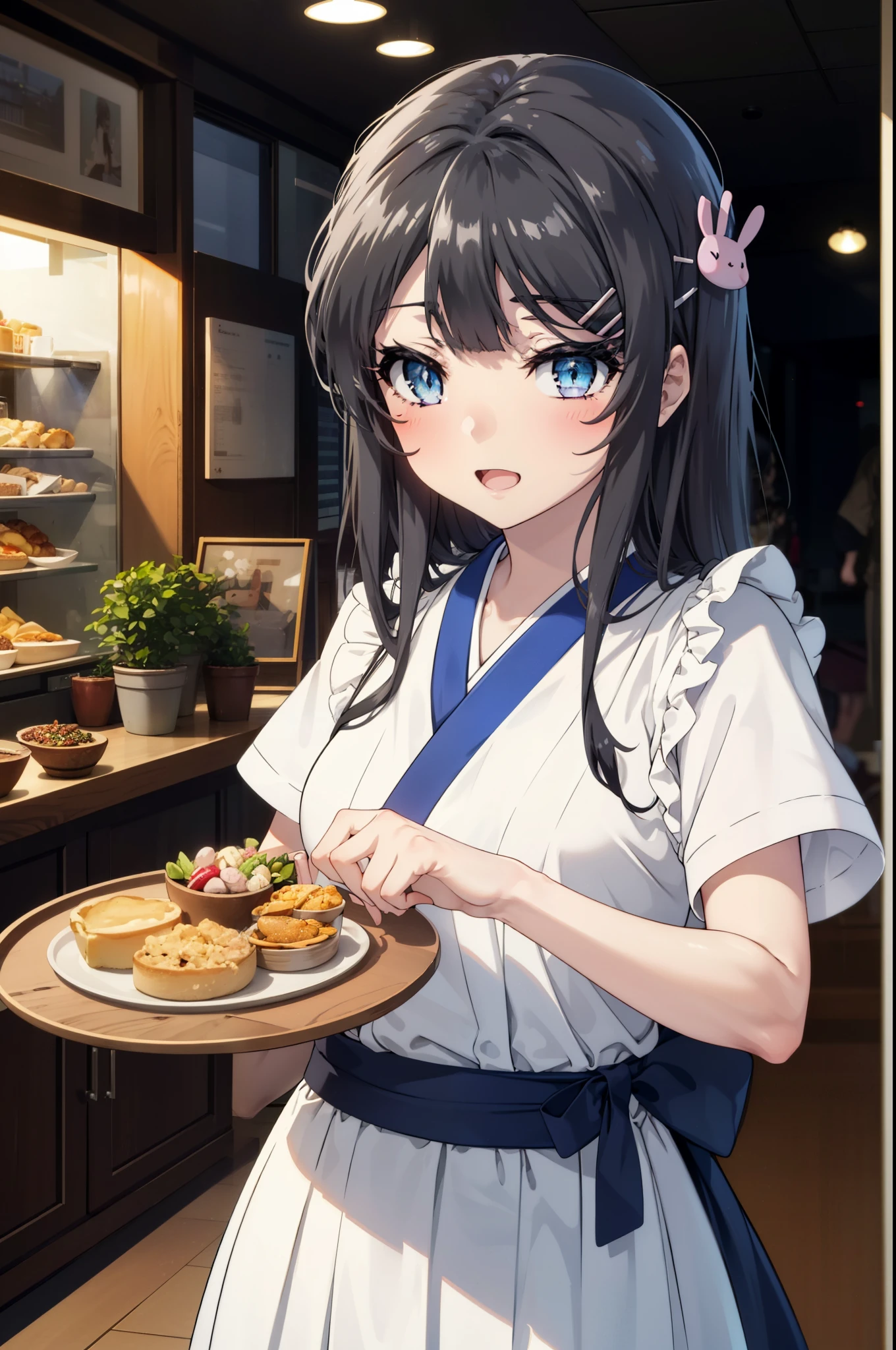 maisakurajima, Mai Sakurajima, Long Hair, bangs, (Black Hair:1.5), hair ornaments, (Purple eyes:1.1), Hair Clip, rabbit hair ornaments,
happy smile, smile, Open your mouth,blush,Idol-style white kimono,long furisode,White mini skirt,White tights,Sandals,tray, tray in one hand,A beautiful waitress with Long Hair comes to the table to take our order,It&#39;s as if your whole body is in the illustration.,Maid Headless, 　　　　　　　　　　　　break looking at viewer, (Cowboy Shot:1. 5) ,　　　　　　　　　　　　　　　　　　　　break indoors, coffee shop, break (masterpiece:1.2), highest quality, High resolution, unity 8k wallpaper, (shape:0.8), (Beautiful and beautiful eyes:1.6), Highly detailed face, Perfect lighting, Extremely detailed CG, (Perfect hands, Perfect Anatomy),