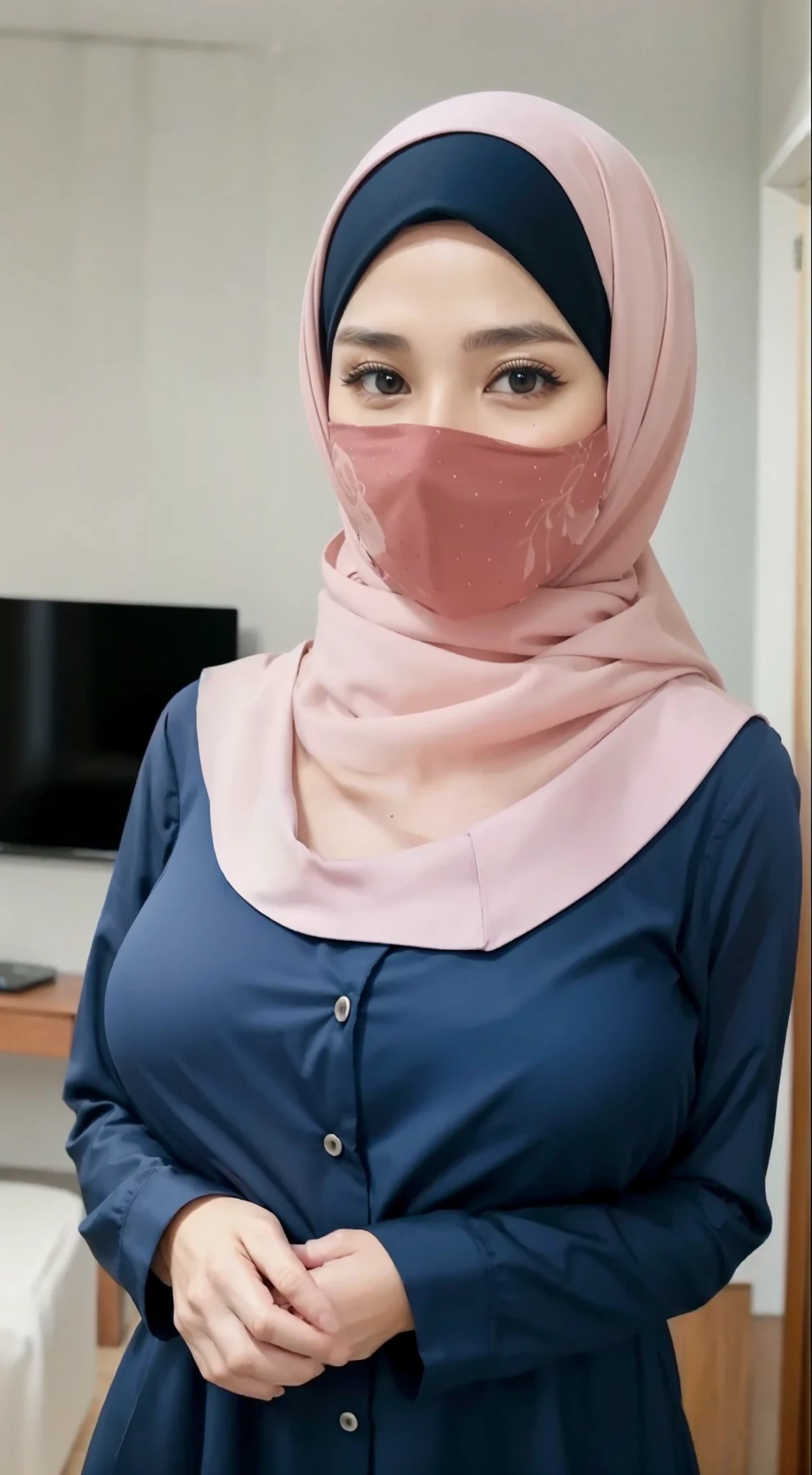 50 years Old, Hijab Indonesian mature woman, Big Tits : 66.9, Gamis, Breast out from her clothes : 1.9, at doctor office, Dark light, at Nighttime