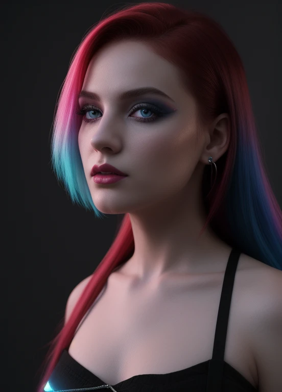 A striking 3D render by MonicaAriana showcases her exceptional talent in blending fashion, photography, and art. The artwork features a captivating white woman with red hairs wearing a bold black and neon pink and blue optical word "neon" art pattern tattoo. The tattoo glows mesmerizingly under ultraviolet light, creating a striking contrast against the dark backdrop. MonicaAriana's name is prominently showcased, highlighting her remarkable skill and adaptability. The digital rendering transports the viewer into an otherworldly realm, seamlessly blending fashion, photography, and art into a cohesive, conceptual masterpiece. This innovative and imaginative creation is a testament to MonicaAriana's artistic brilliance and avant-garde fashion sense, making it a standout portrait photography., fashion, photo, 3d render, portrait photography