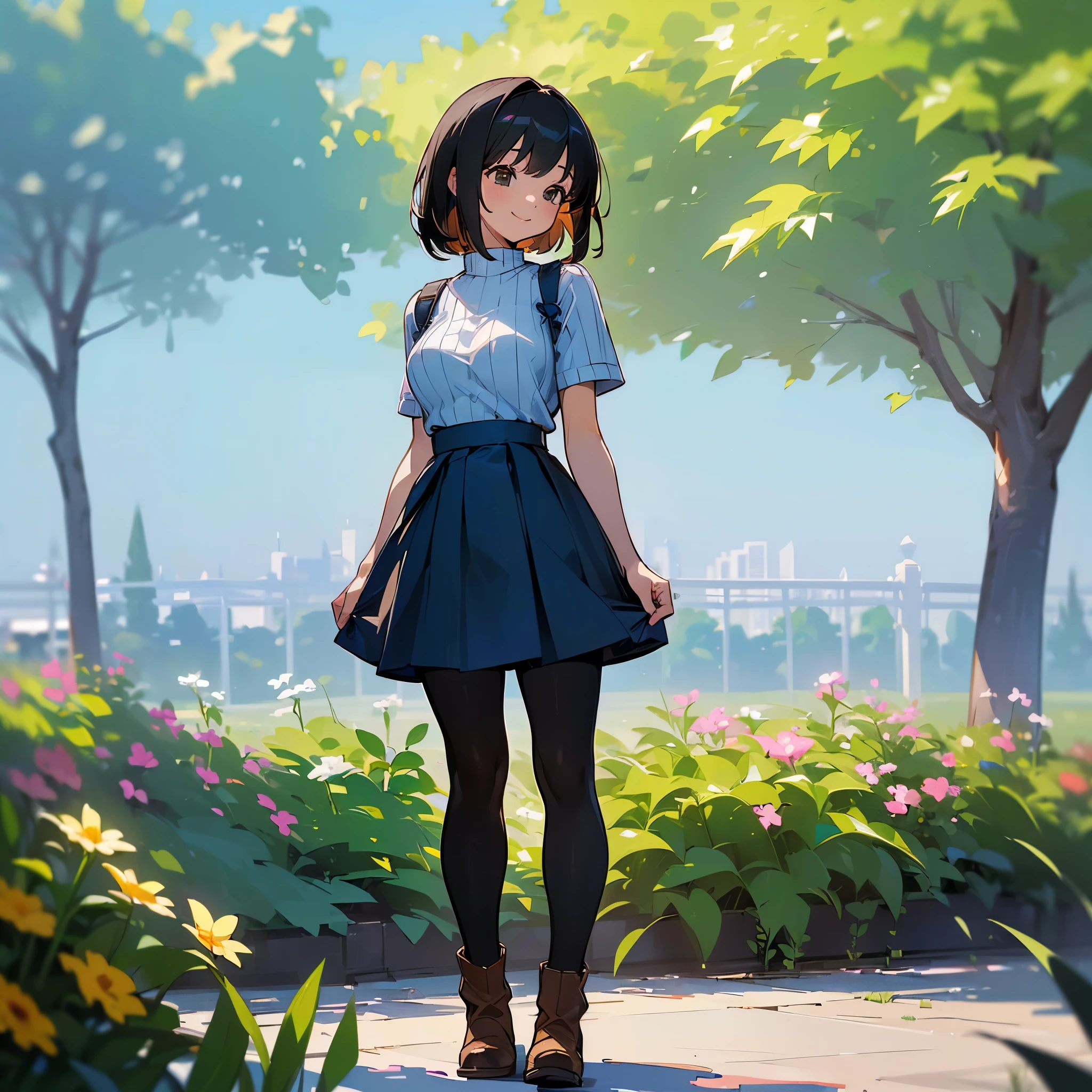 (high quality, High resolution, Very detailed, reality:1.37), Peaceful atmosphere, (Outdoor, garden), teenage girl standing alone, (my breasts are big.), Beautiful detail features, Cute Smile, (Black bob hair), Short sleeve ribbed sweater, Blue Skirt, black tights, Brown boots.