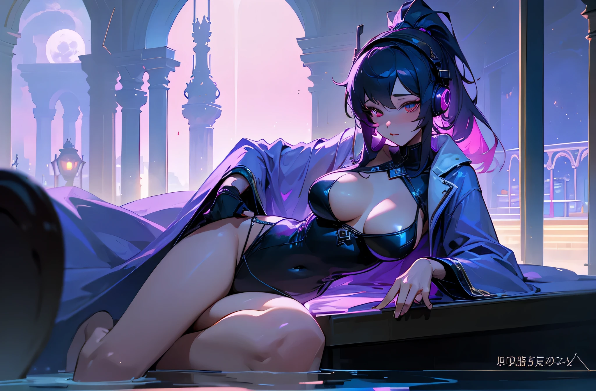 A woman wearing a bathrobe and headphones is lying by the pool、A beautiful night view behind、big breasts、sexy、Indoor pool with a night view、moonlight、exposed、Downlight、full moon、Stylish interior、Ruby Eye