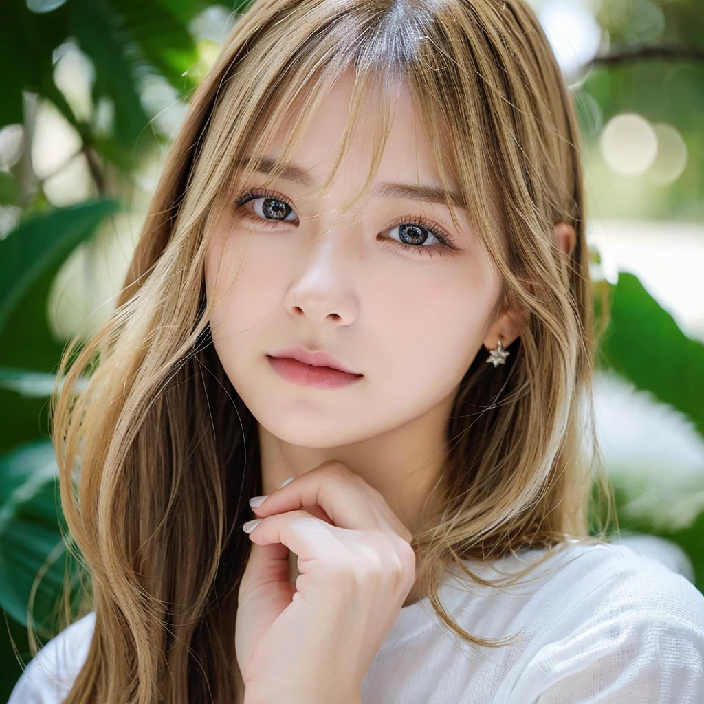 Authentic photo quality、cara muy linda、Extraordinaria belleza sexy、beautiful calm and bright expression、Aspecto refrescante y sexy.、Flequillo largo que cae sobre una cara linda y hermosa perfecta.、super long blonde hair, liso y sedoso que brilla intensamente.、hermoso rostro y cabello rubio、muy linda hermosa mujer joven sexy、Cara linda muy perfecta y hermosa.、Hermosos ojos azul cielo brillantes、ojos muy grandes、cabello dorado muy grande encima de un ojo、rubia entre los ojos、Piel blanca muy radiante、Teca Brillo、delineador de ojos、a small smile、piel brillante