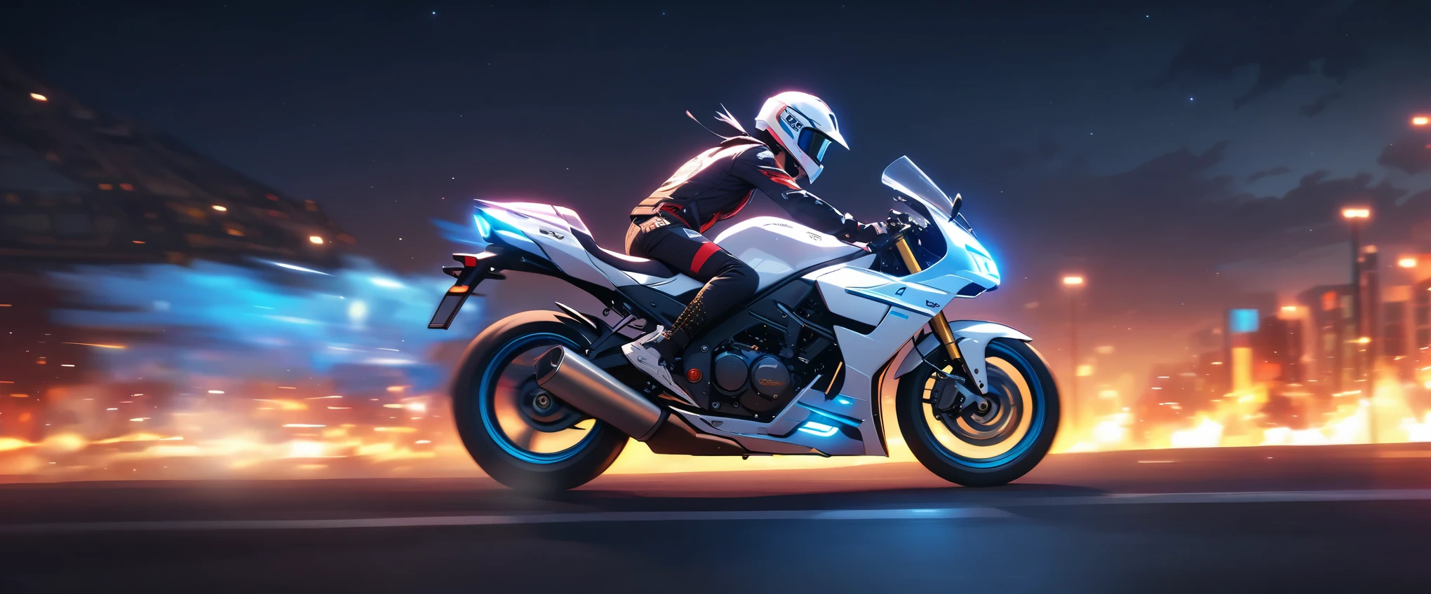 1 Woman,Future urban roads,motorcycle,motorcycle细节,helmet,Sense of future technology:1.5,(Motion blur :1.5),Motion Blur,Afterimage