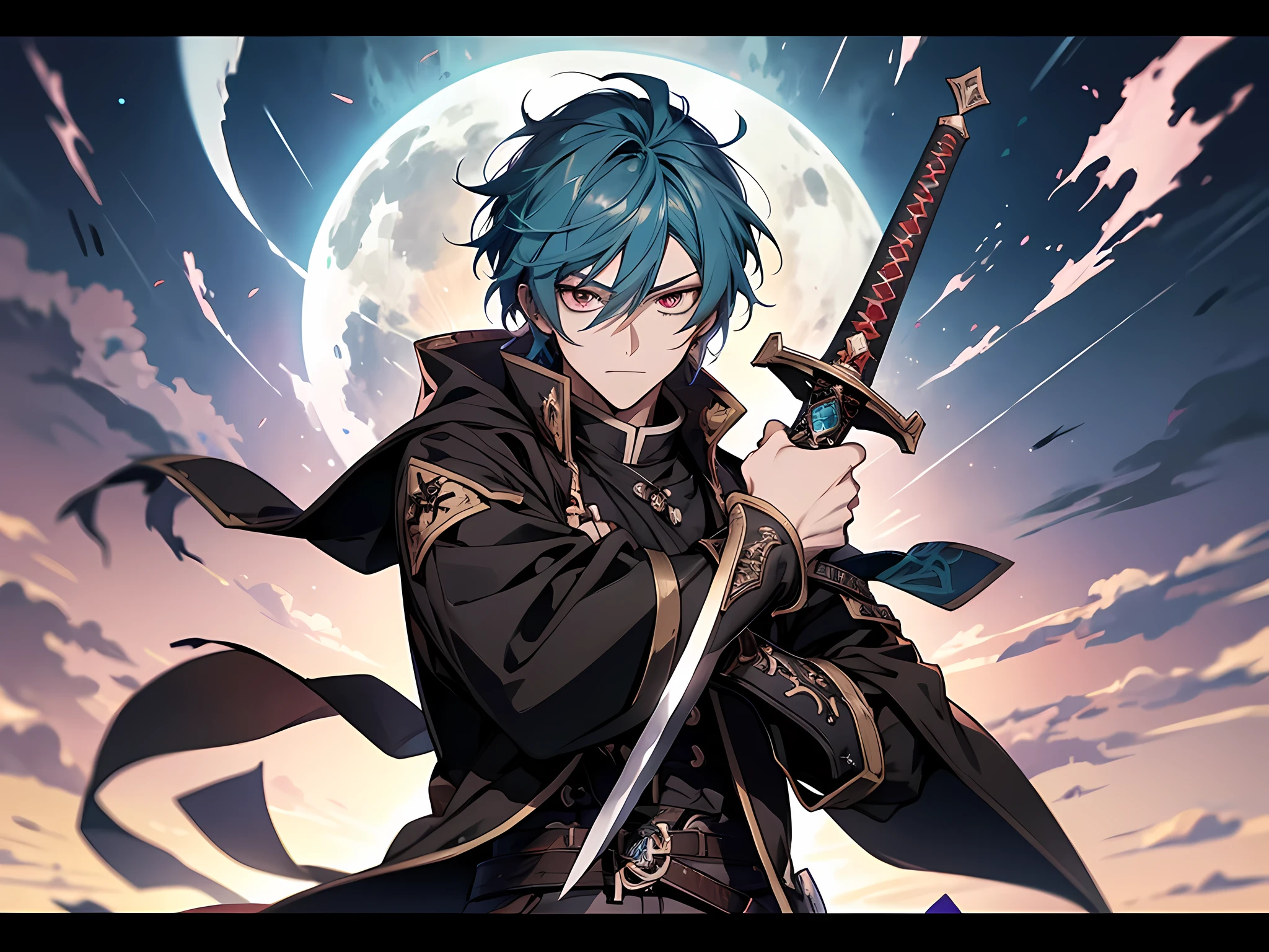 anime - style image of a man holding a sword in front of a sky, handsome guy in demon slayer art, by Yang J, with large sword, demon slayer artstyle, badass anime 8 k, epic fantasy digital art style, keqing from genshin impact, 2. 5 d cgi anime fantasy artwork, demon slayer rui fanart, detailed digital anime art, eyes finely detailed, extremely detailed eyes