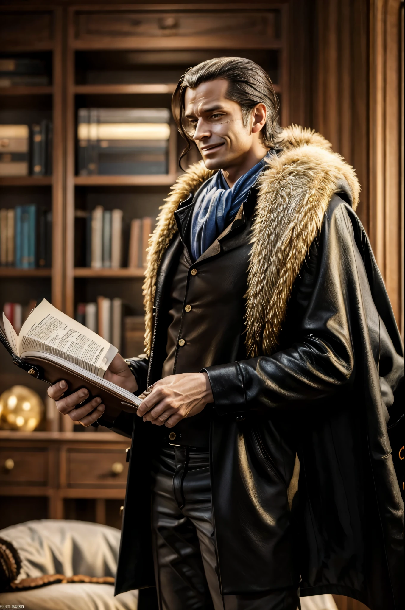 masterpiece, best quality, extremely detailed, hyperrealistic, photorealistic, a cool 40s man, ultra detailed face:1.2, fur-trimmed coat, scarf around the neck, his left hand is a golden pirate hook:1.1, distant view shot, modern office:1.2, reading book, paper, dynamic pose, cigar, sly smile, relaxed