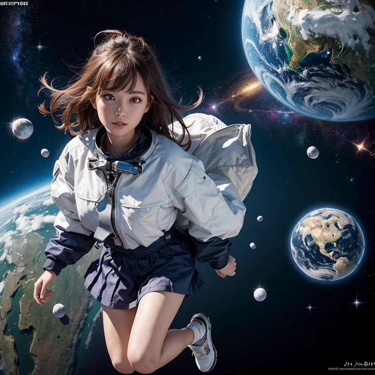 Image of a woman in a spacesuit flying in the sky Alafed, girl In space, [ no gravity ]!!, planet, Portrait Anime Astronaut Girl, Space Girl, galaxy japan, In space, Official artwork, In space, Japanese live-action films, Ski-Fi!!, There is an earth in the background, seifuku