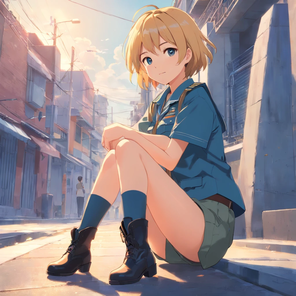 obra maestra, Female , (rubia), (pelo corto), ojos azules, sonriendo levemente, dressed in tight-fitting military uniform, with black riding boots with heels, de pie, (cuerpo entero), apoyada en muralla baja frente al mar, piso mojado
