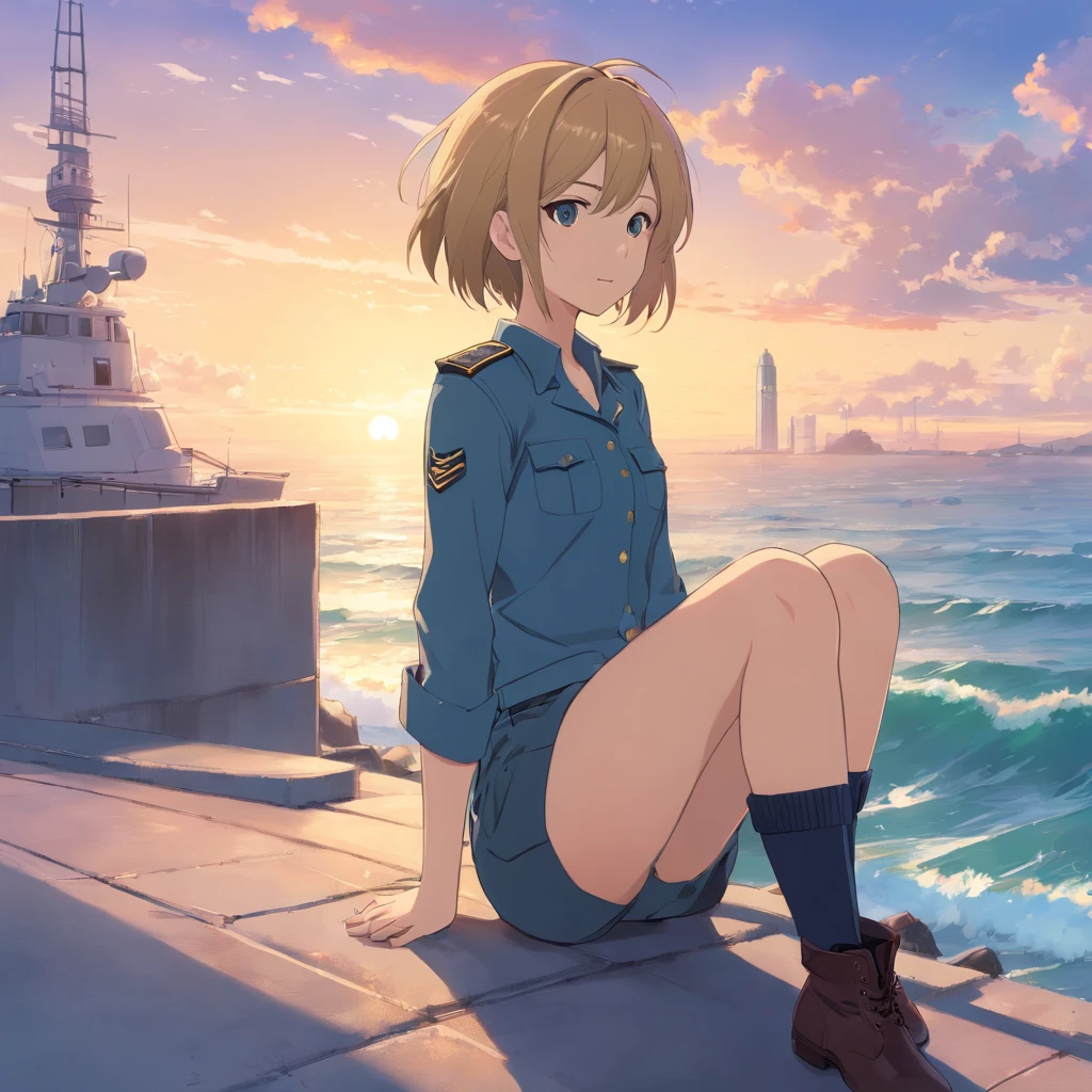 obra maestra, Female , (rubia), (pelo corto), ojos azules, sonriendo levemente, dressed in tight-fitting military uniform, with black riding boots with heels, de pie, (cuerpo entero), apoyada en muralla baja frente al mar, piso mojado