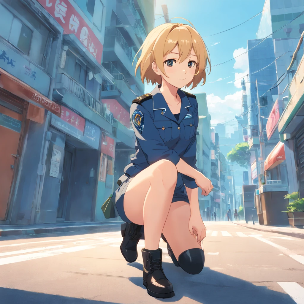 obra maestra, Female 17 years old, (rubia), (pelo corto), ojos azules, sonriendo levemente, dressed in tight-fitting military uniform, with black riding boots with heels, de pie, (cuerpo entero), apoyada en muralla baja frente al mar, piso mojado