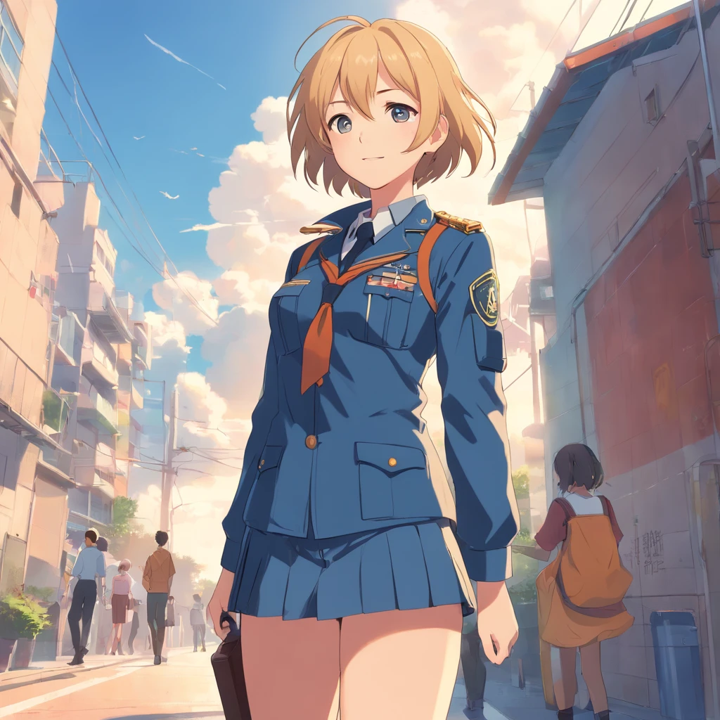 obra maestra, Female , (rubia), (pelo corto), ojos azules, sonriendo levemente, dressed in tight-fitting military uniform, with black riding boots with heels, de pie, (cuerpo entero), apoyada en muralla baja frente al mar, piso mojado