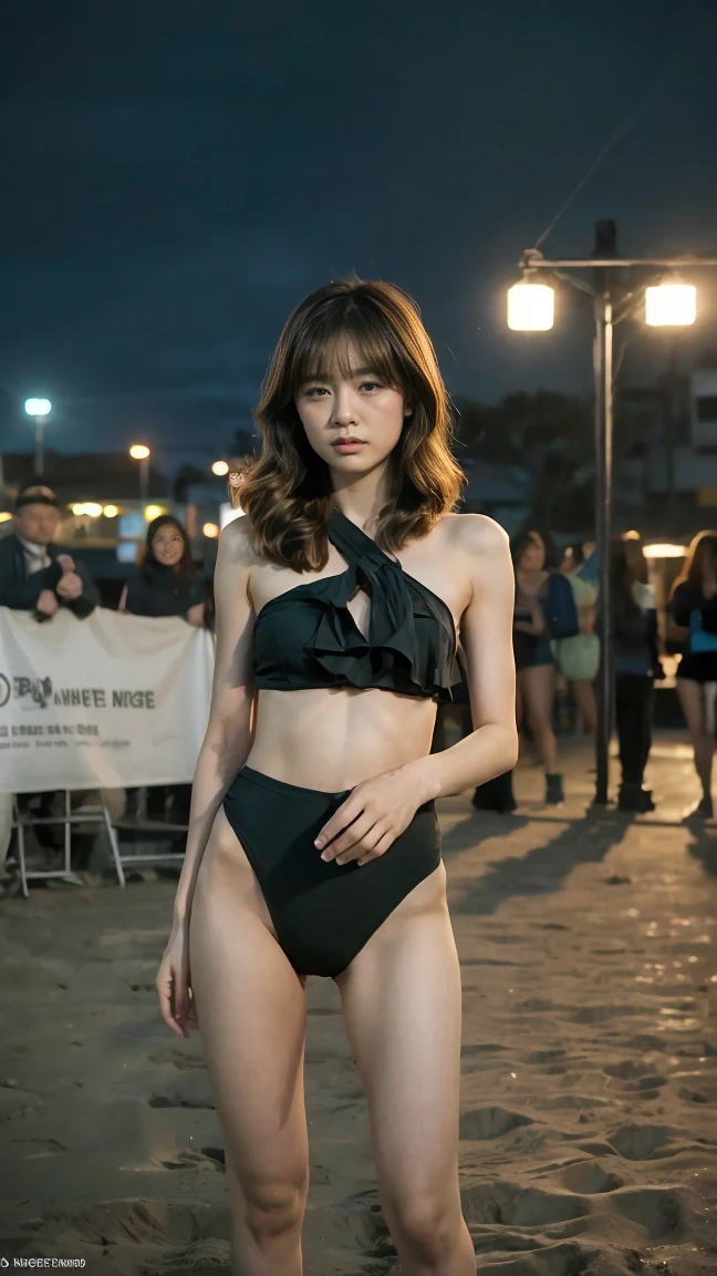 Inspired by the movie,1 Girl, (Looking at the audience:1.2), Facial details, (Standing girl, rending on cgsociety, Black Shadow, stream media, Beachfront background), Long legs, atmosphere, (original photo, best quality), (Practical, photo-Practical:1.3), masterpiece, extremely delicate and beautiful, Extremely detailed、Night view、(Depth of Field:1.3)、Models behind the scenes