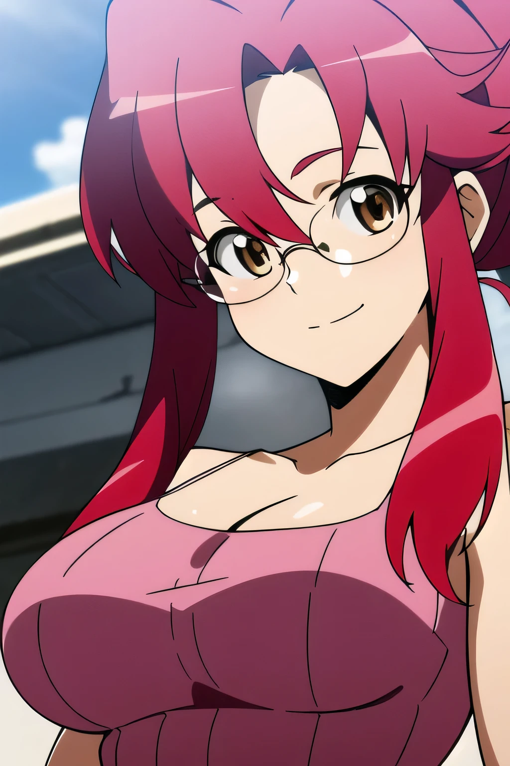 Masterpiece, 8k, tank top,White and pink Shirt,
yoko littner,glasses,teacher,
bangs, brown eyes,hair between eyes, hair ornament, hair stick, high ponytail,ponytail, red hair,
1 girl, 20yo,Young female,Beautiful Finger,Beautiful long legs,Beautiful body,Beautiful Nose,Beautiful character design, perfect eyes, perfect face,expressive eyes,perfect balance,
looking at viewer,(Focus on her face),closed mouth, (innocent_big_eyes:1.0),Light_Smile,
official art,extremely detailed CG unity 8k wallpaper, perfect lighting,Colorful, Bright_Front_face_Lighting,shiny skin, 
(masterpiece:1.0),(best_quality:1.0), ultra high res,4K,ultra-detailed,
photography, 8K, HDR, highres, absurdres:1.2, Kodak portra 400, film grain, blurry background, bokeh:1.2, lens flare, (vibrant_color:1.2),professional photograph, 
(Beautiful,large_Breasts:1.4), (beautiful_face:1.5),(narrow_waist),