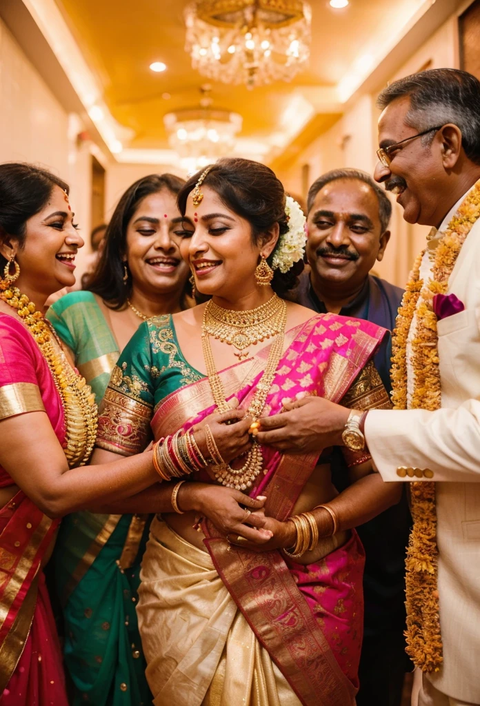 A radiant South Indian aunty, with her curvaceous figure and sparkling gold jewelry, envelops a group of jubilant 55 year old grooms in a joyous embrace on their wedding night, captured in a full body image with vibrant colors and intricate details.