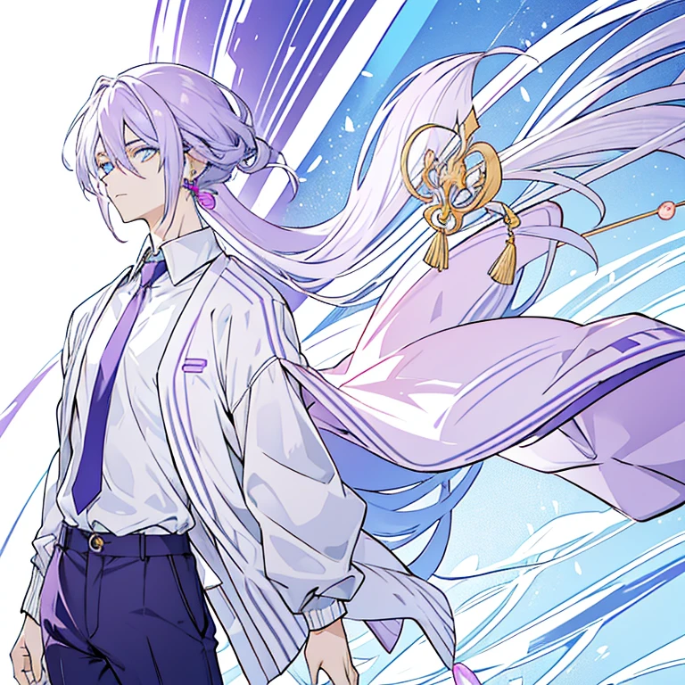 Androgynous guy with very long lilac, gradient hair and amber eyes looking unimpressed. He's wearing a soft blue cardigan, casual pants with opal stick earrings on his ears.