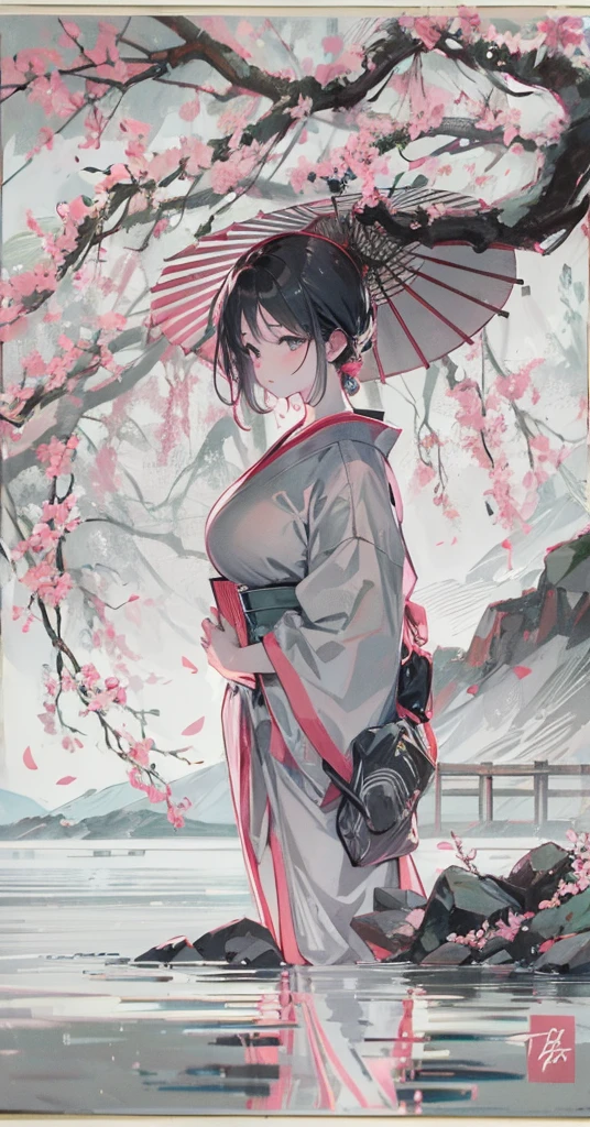 (Add a scene, Solitude by the lake), rain, Cherry blossoms, Sketchbook style, Dynamic poses, Black atmosphere, Realistic and rough sketch, Rough sketch, combination of dark and loose thick lines, thick lines, on the paper.((Japanese ink painting techniques) ). The contrast between black and white highlights the unique beauty and sharpness of the ink painting.Beautiful breasts、Huge breasts:1.4,plump breasts