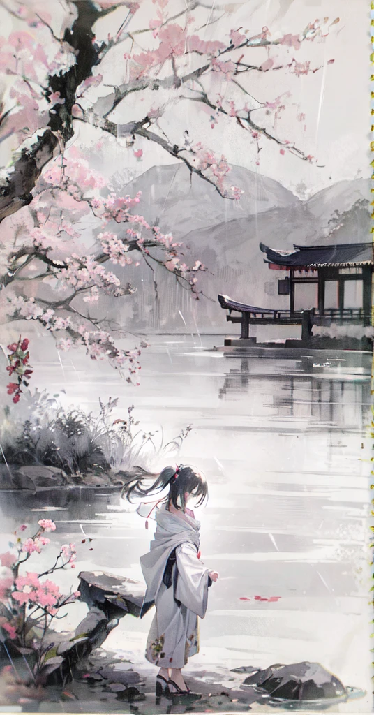 (Add a scene, Solitude by the lake), rain, Cherry blossoms, Sketchbook style, Dynamic poses, Black atmosphere, Realistic and rough sketch, Rough sketch, combination of dark and loose thick lines, thick lines, on the paper.((Japanese ink painting techniques) ). The contrast between black and white highlights the unique beauty and sharpness of the ink painting.Beautiful breasts、Huge breasts:1.4,plump breasts
