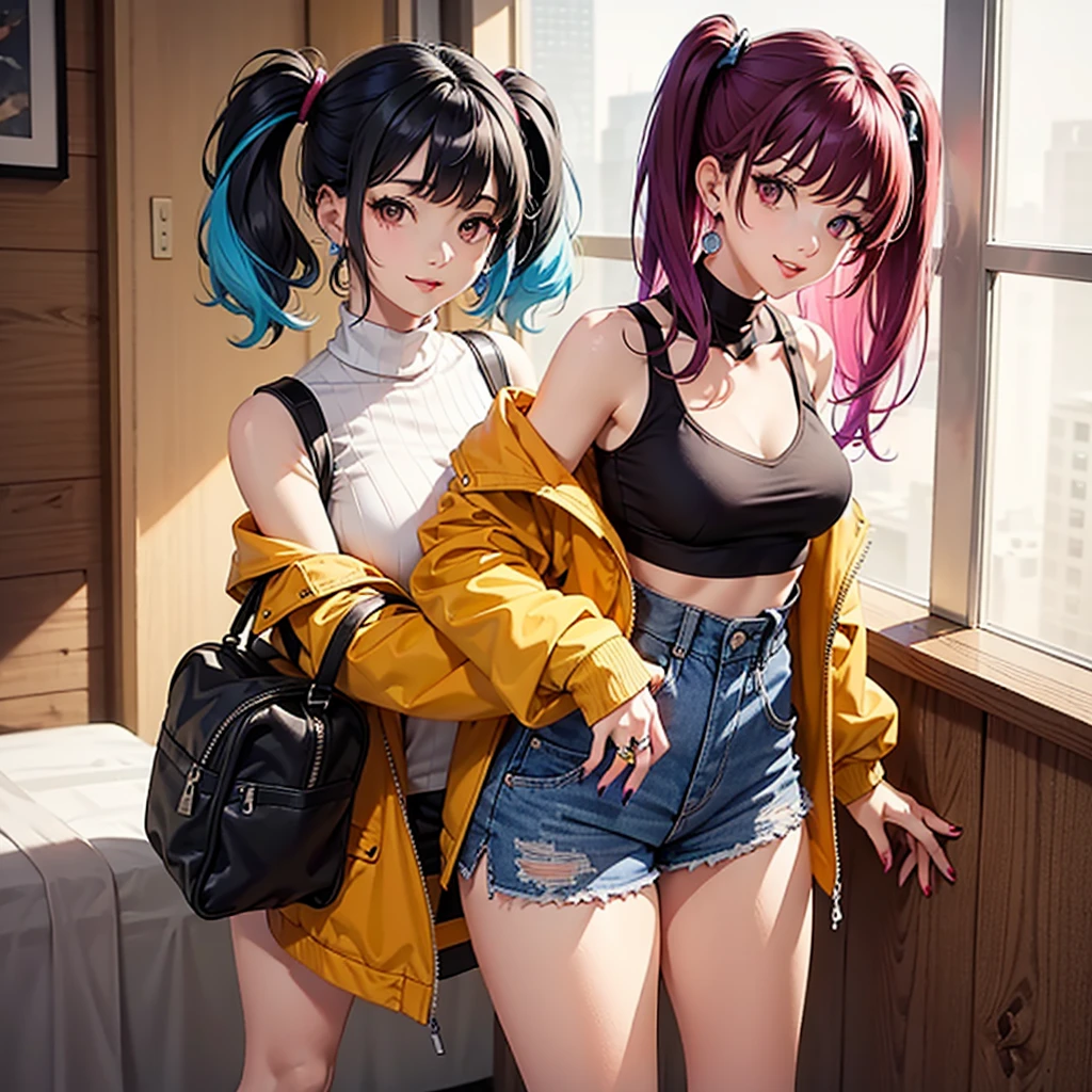1girl,solo,jewelry,high-waist shorts,sleeveless,earrings,looking at viewer,shirt,jacket,breasts,off shoulder,shorts,plant,cowboy shot,smile,yellow jacket,blue hair,multicolored hair,black shorts,white shirt,sleeveless shirt,bangs,open clothes,bare shoulders,indoors,closed mouth,standing,long sleeves,long hair,day,medium breasts,open jacket,frills,purple hair,nail polish,thighs,shirt tucked in,holding,lips,window,twintails,pink eyes,turtleneck,bag,short shorts,ring,(girdle:1.4),