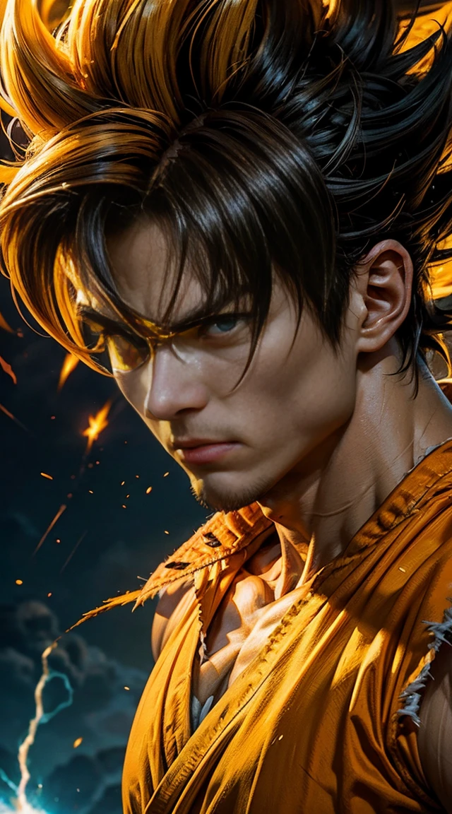 Son goku super sayajin looking at viewer, serious face. Yellow orange aura of power. Muscles. soft light. digital art. traces of 90's anime. Orange Torn clothes. Face defined,