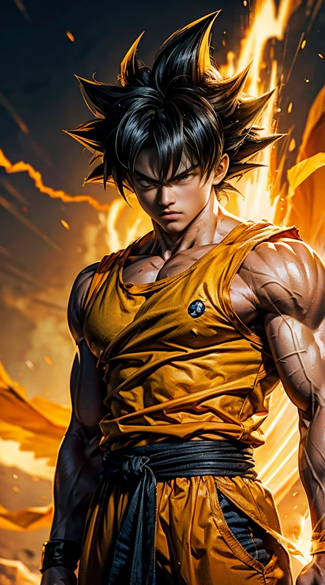 Son goku super sayajin looking at viewer, serious face. Yellow orange aura of power. Muscles. soft light. digital art. traces of 90's anime. Orange Torn clothes. Face defined,