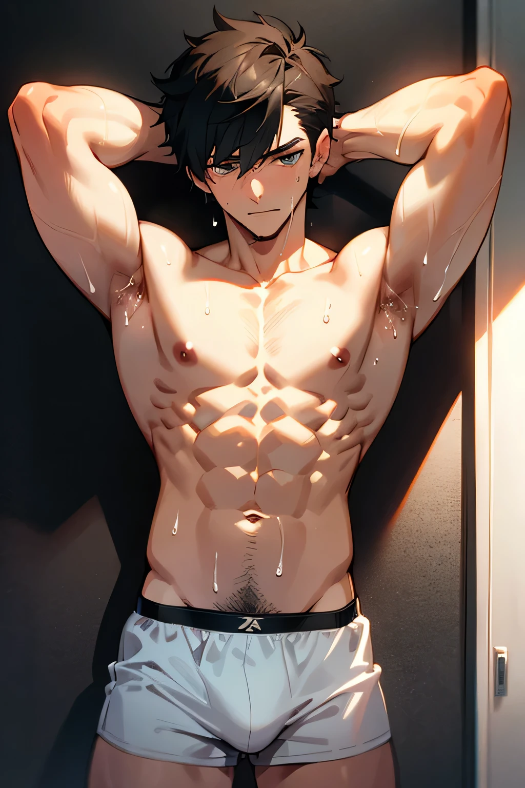 handsome manly short black hair caucasian male in white underwear, his arms raised, facing the wall, showing his back muscles, shirtless, sweating profusely, drenched with sweat, in the bedroom