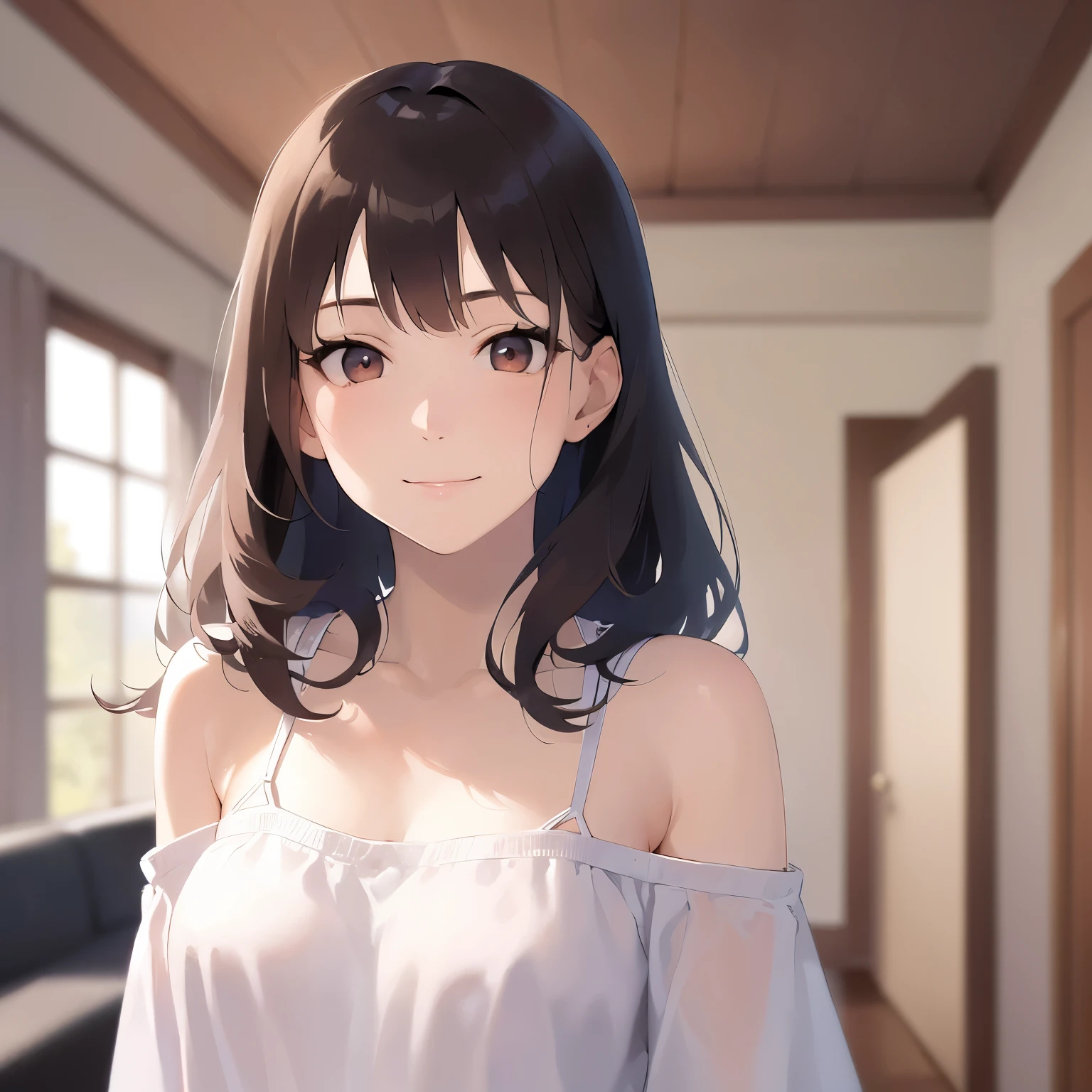 POV, looking up, Upper Body, Realistic, real person, (pale skin: 1.2), RAW photo, photorealistic, portrait photography, shiny skin, shiny hair、(25 year old woman with medium hair with bangs) and (wavy hair) and (brown hair) and (orange eyes), (white) and (Off-the-shoulder blouse)、(sad, smile:1.3), The background is the living room、Alone、Are standing、