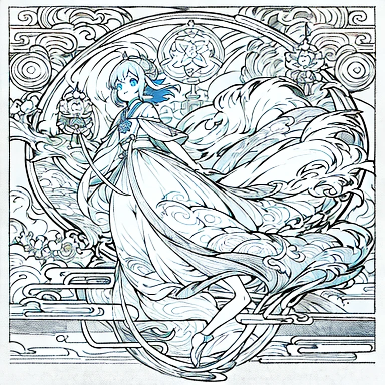 joven chica sonriente de cabello  largo zafiro azul degradado,  ojos dorados, royal blue chinese ceremonial tunic,  medias blancas, zapatillas bailarina, en in templo japones, estilo anime, trazos definidos