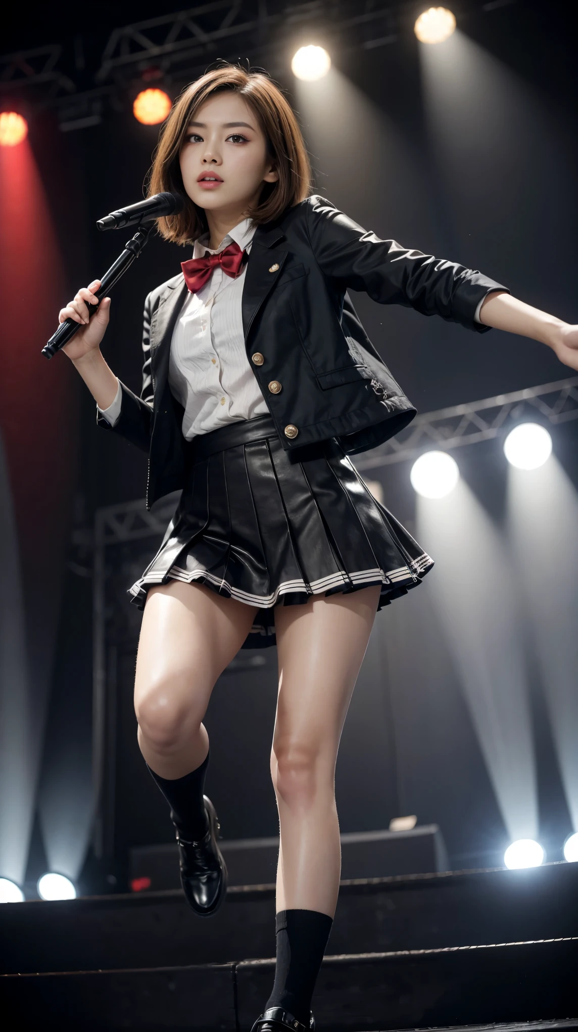 highest quality,masterpiece,Ultra-high resolution,(Actual:1.4),Original photo,Ultra-high resolution，8K，Dogenzaka 69，Fancy makeup with red eyeshadow，Short cut with delicate brown hair，A live costume of a high school girl&#39;s uniform mini skirt，Live costume: high school girl uniform jacket，Intense sexy dance poses，Girl Idol，Concert Venues