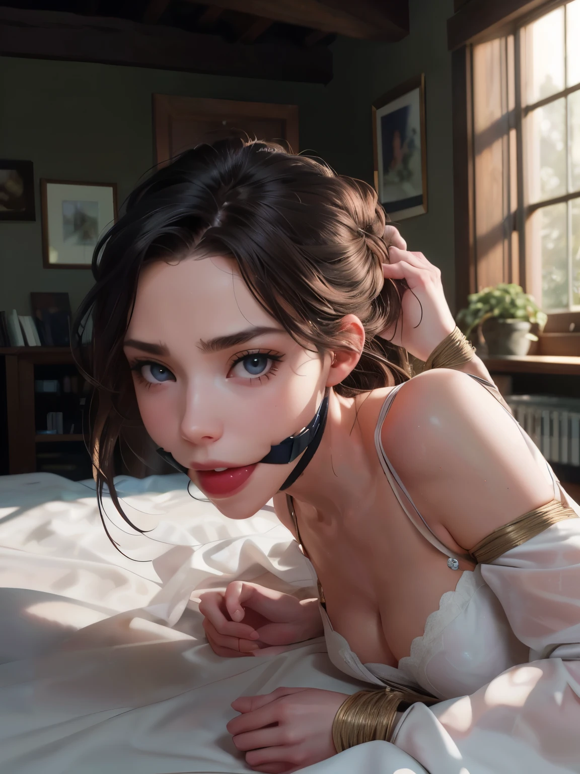 (whole body:1.5),octane rendering, 8K, best quality, masterpiece, backlit scene, single light, illustration, extremely delicate and beautiful, detailed, extremely detailed,CG,Unite,wallpaper,Astonishing, fine details, realistic art: 1.2 ,masterpiece, best quality, extremely detailed CG Unite 8K wallpaper,1 girl, ,hands behind back , skinny body, green eyes, dark brown hair, widows peak, pretty symetrical face, pale complexion, thin waist, narrow hips, long legs, skinny body, small breasts, , Realistic photos, (hiqcgbody) ,perfect female figure,
hands tied behind back, mouth gagged, worried expression,