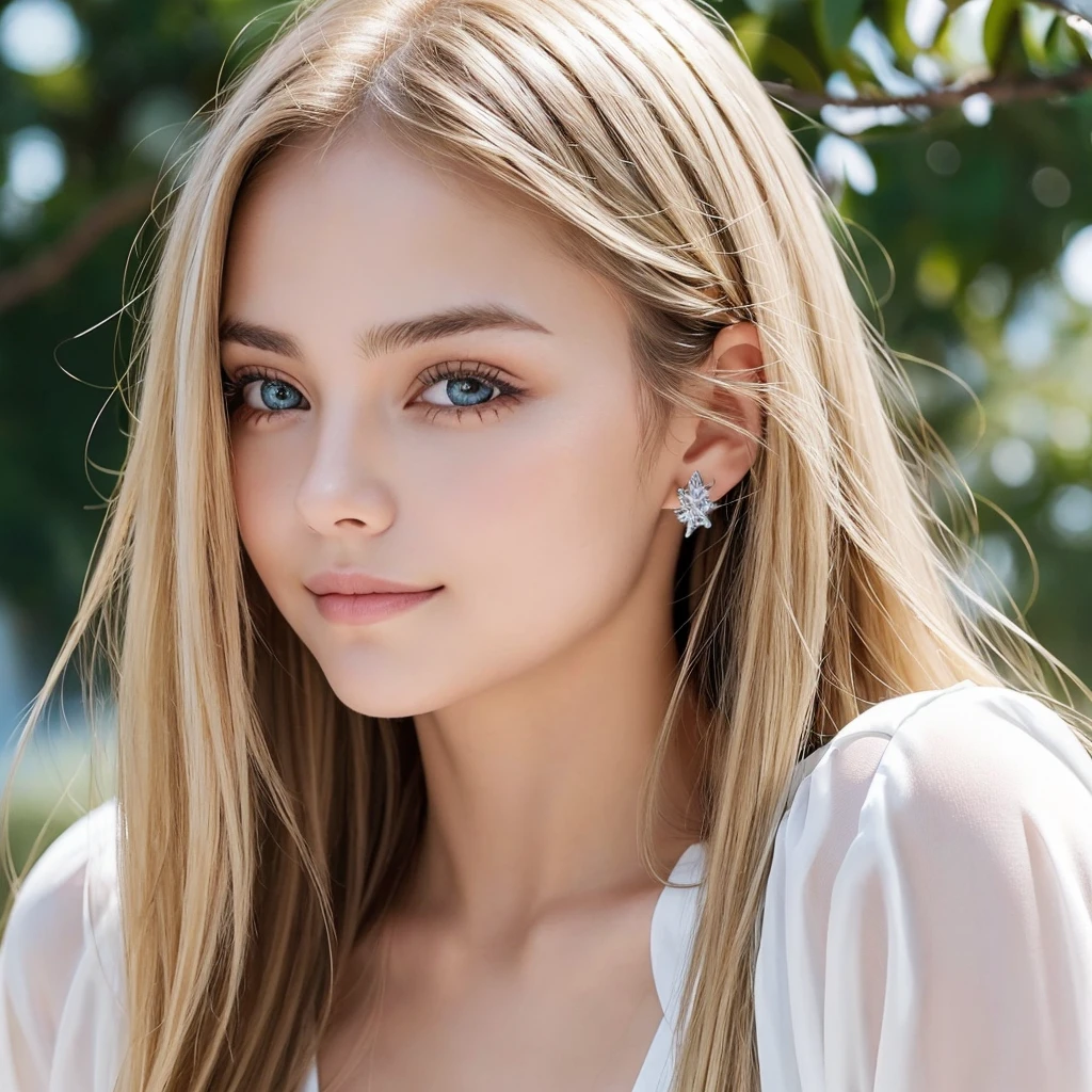 Authentic photo quality、cara muy linda、Extraordinaria belleza sexy、beautiful calm and bright expression、Aspecto refrescante y sexy.、Flequillo largo que cae sobre una cara linda y hermosa perfecta.、super long blonde hair, liso y sedoso que brilla intensamente.、hermoso rostro y cabello rubio、muy linda hermosa mujer joven sexy、Cara linda muy perfecta y hermosa.、Hermosos ojos azul cielo brillantes、ojos muy grandes、cabello dorado muy grande encima de un ojo、rubia entre los ojos、Piel blanca muy radiante、Teca Brillo、delineador de ojos、a small smile、piel brillante