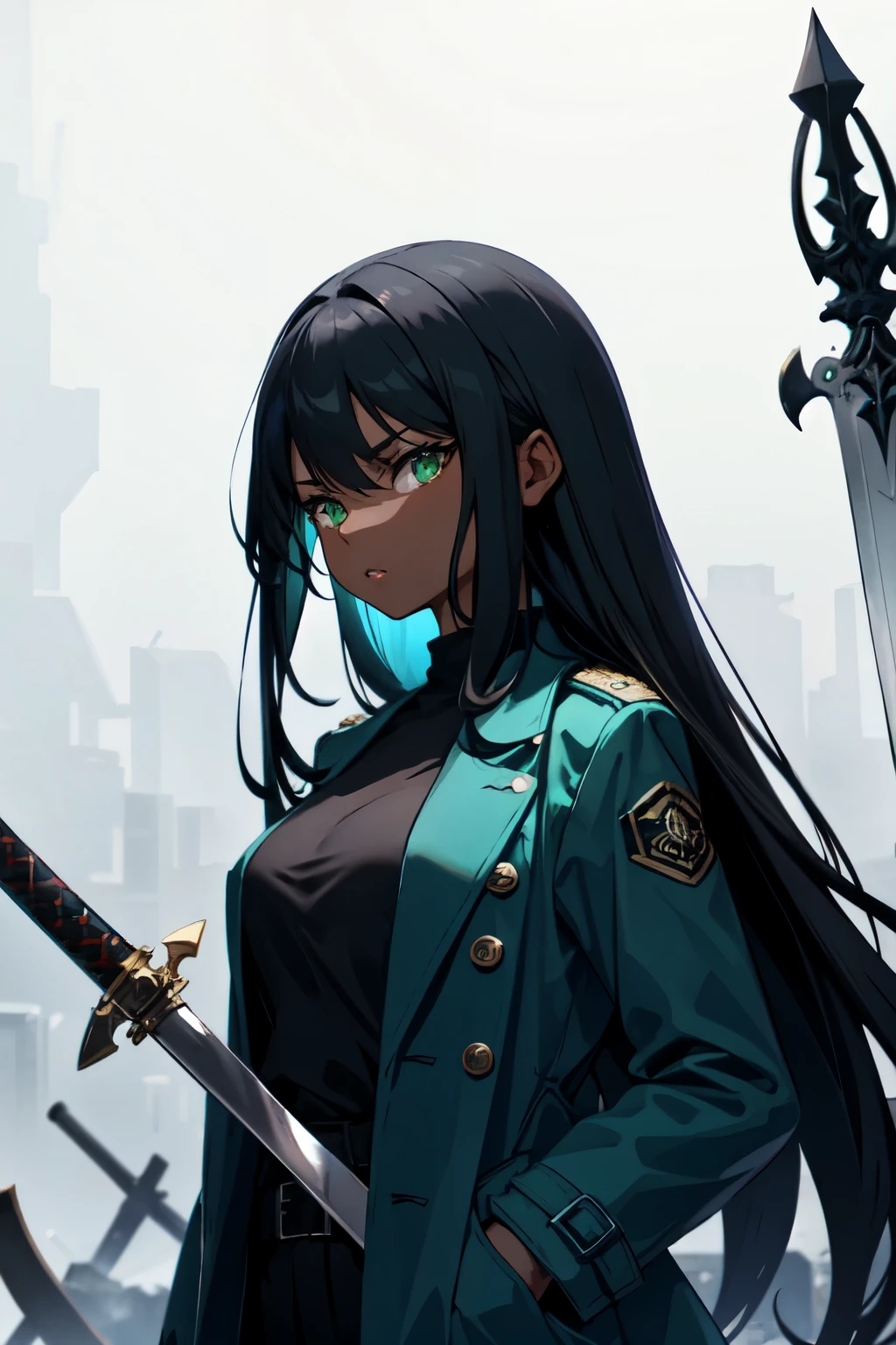 black skin female with black long hair green eyes wearing a black shirt with a  blue trench coat with many pockets . sword graveyard background. fierce look .
