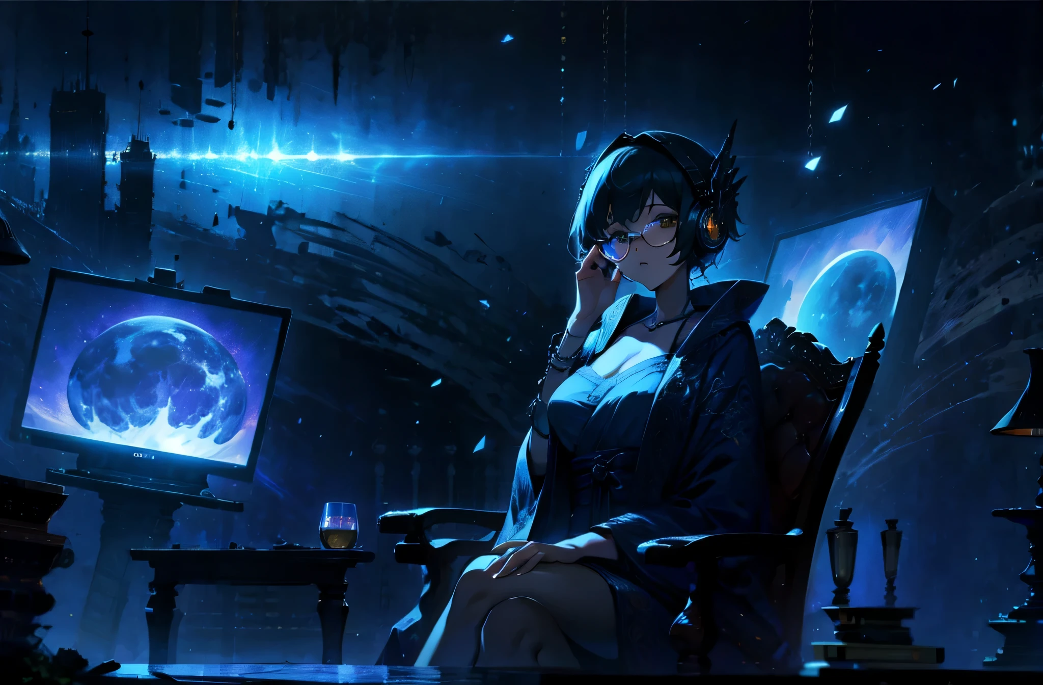A woman wearing a bathrobe and headphones is sitting on a sofa、A beautiful night view behind、big breasts、sexy、Room with a night view、moonlight、exposed、Downlight、full moon、Stylish room with fireplace、black tabby glasses