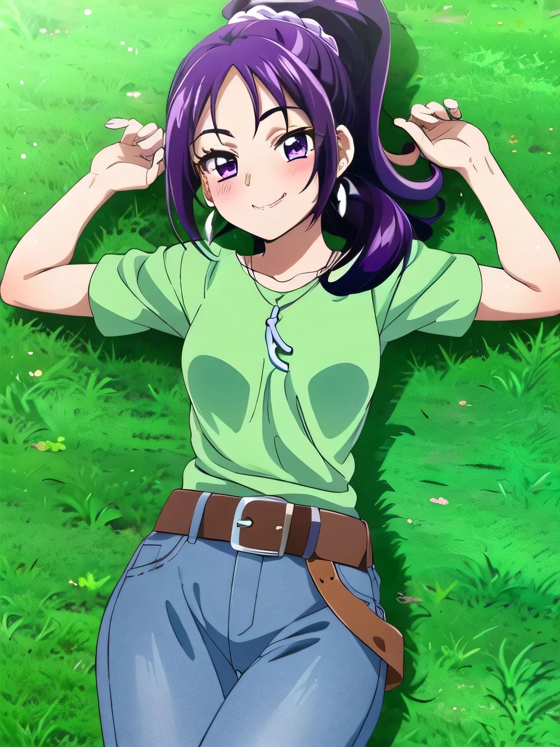 green shirt, earrings, necklace, white scrunchie, high ponytail, belt, jeans, brown sneakers, purple socks, mishoumai, 1girl, solo, looking at viewer, closed mouth, arms up, on back, on grass, looking at viewer, solo, center, smile, blushing, (cowboy shot:1.5)