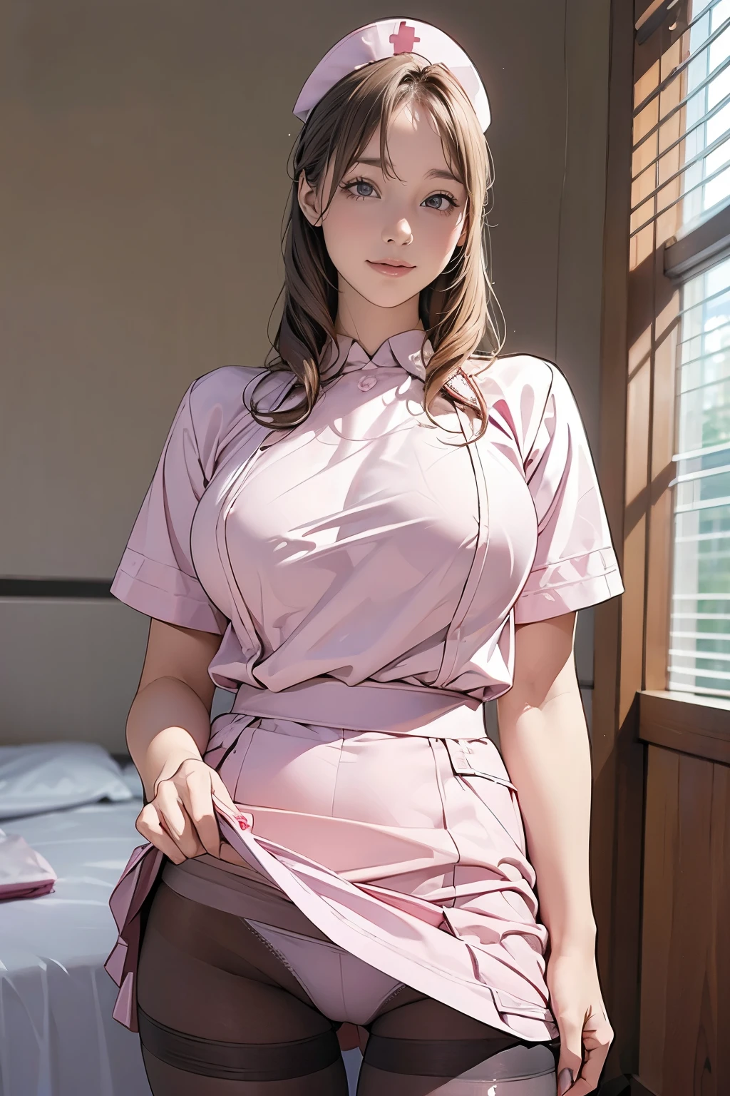 (masterpiece、highest quality)、(Photo realistic:1.4)、 Mature Woman, Beautiful thighs、Front view、1 girl、30 years old、Perfect Face、Symmetrical cute face、Pink nurse uniform、(Random hairstyle、blonde)、Big eyes、Long eyelashes、((tall))、Beautiful Hair、Beautiful Face、Fine and beautiful eyes、Perfect proportions、Beautiful breasts、Beautiful legs、Beautiful fingers、((High-quality fabric、Pink nurse uniform、Skirt flip))、(In the hospital)、Are standing、 (smile), (((Skirt lift with both hands、Panties and pantyhose are visible)))
