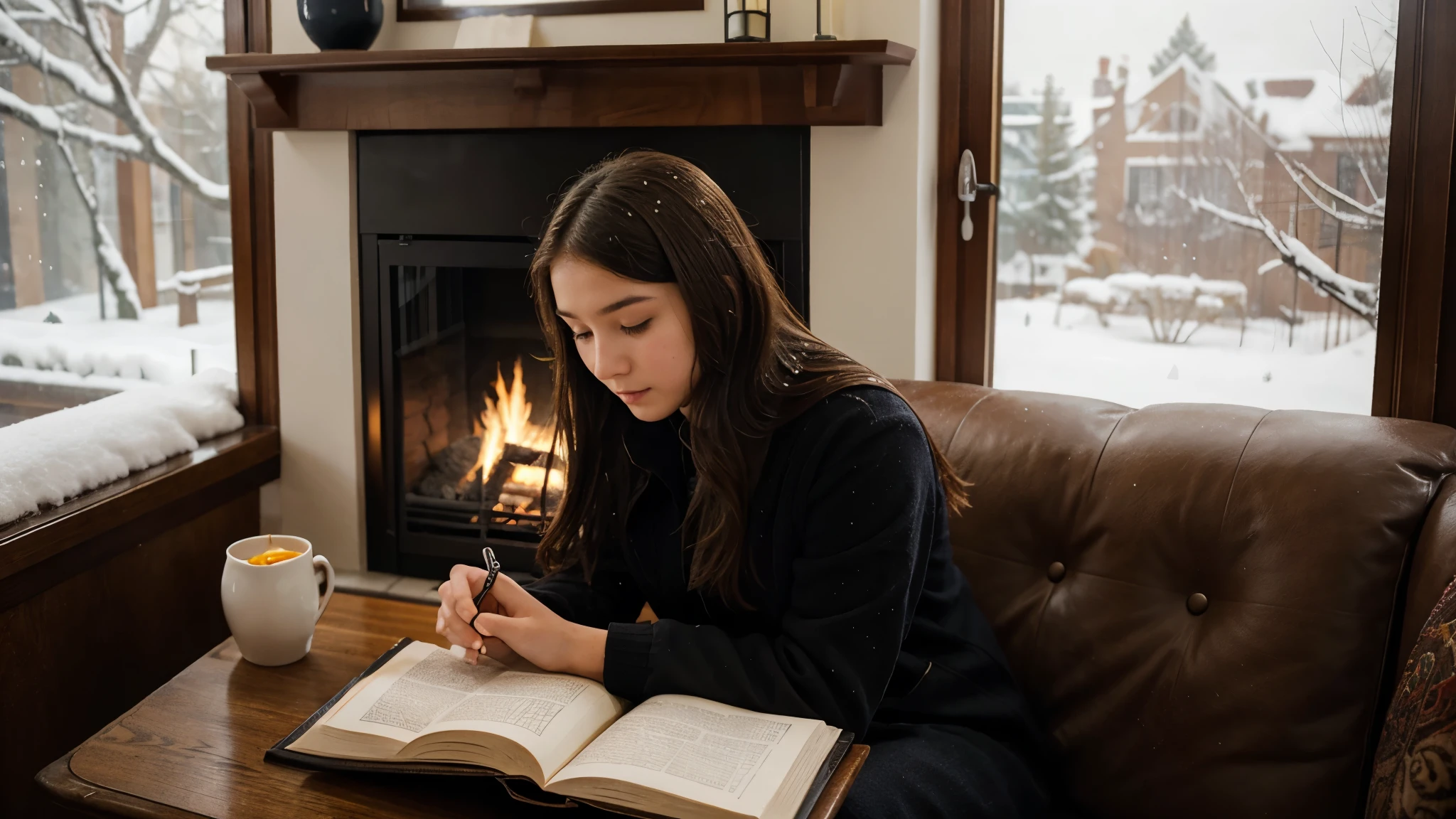 -yeld gidignified,Reading in the study,Snow outside the window,There is a fireplace in the room,The flames are roaring。