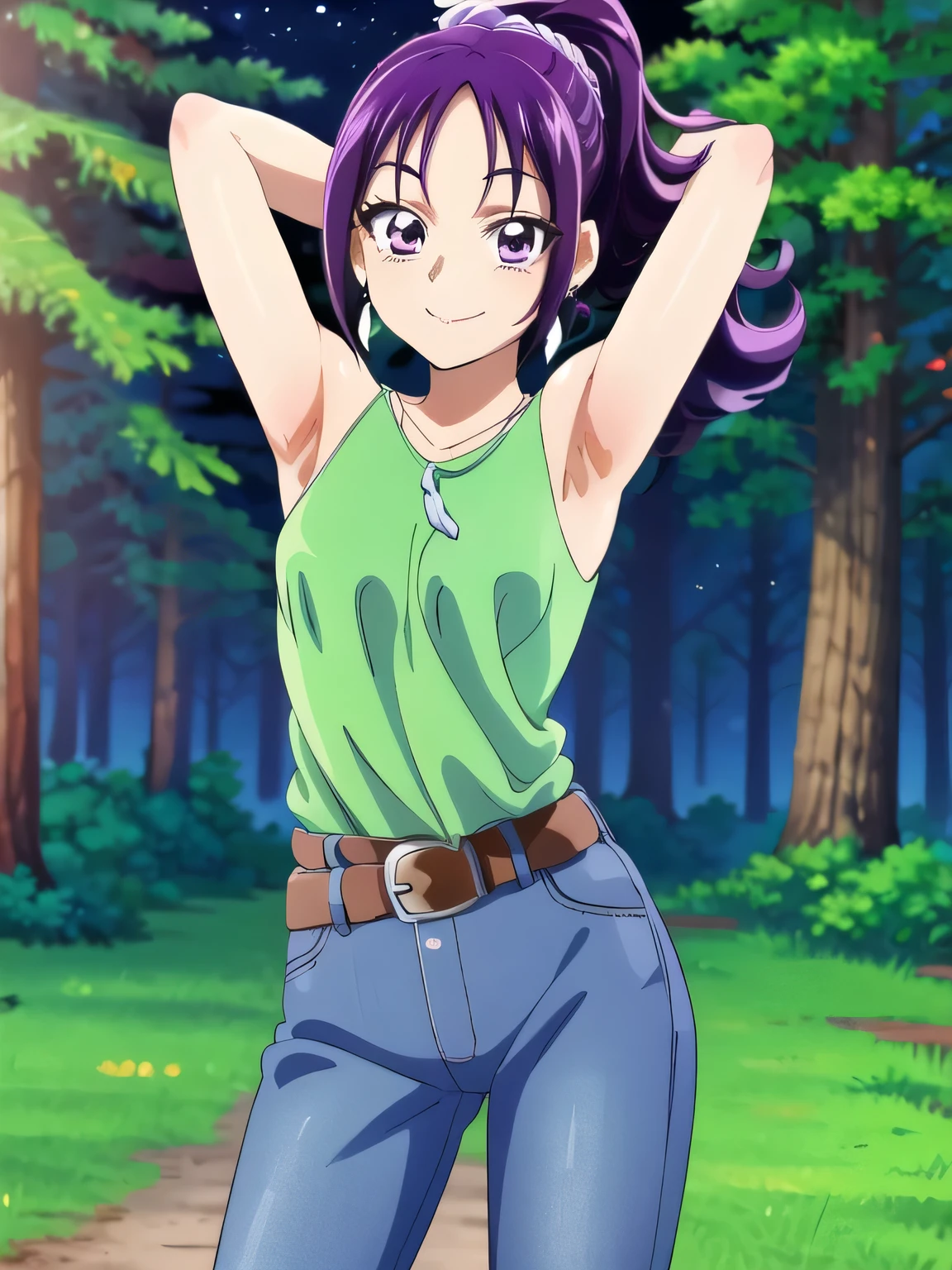 green shirt, earrings, necklace, white scrunchie, high ponytail, belt, jeans, brown sneakers, purple socks, mishoumai, 1girl, solo, looking at viewer, solo, night sky, forest, arms behind head, contrapposto, spread armpits, closed mouth, smile, (cowboy shot:1.5), looking at viewer,