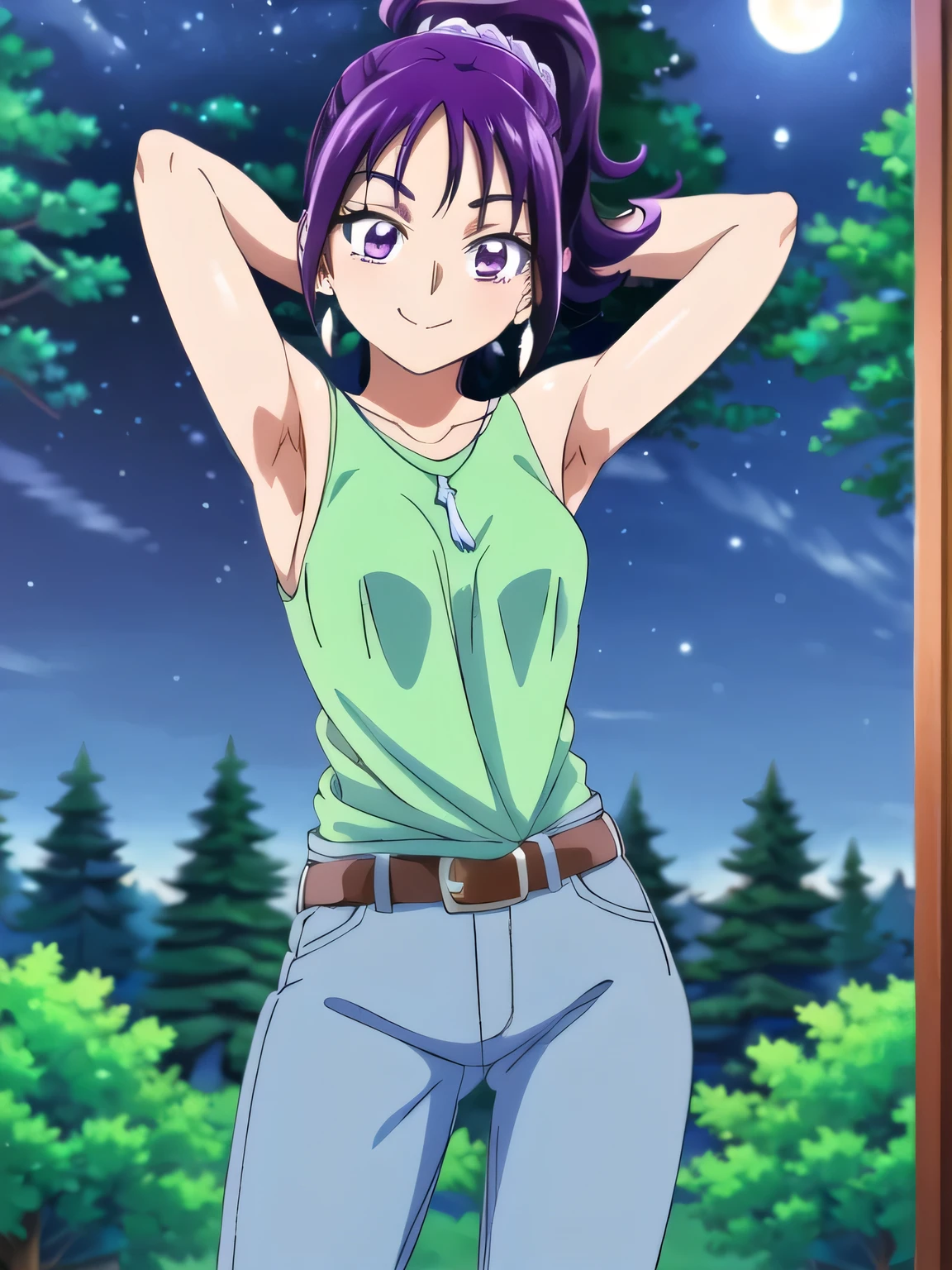 green shirt, earrings, necklace, white scrunchie, high ponytail, belt, jeans, brown sneakers, purple socks, mishoumai, 1girl, solo, looking at viewer, solo, night sky, forest, arms behind head, contrapposto, spread armpits, closed mouth, smile, (cowboy shot:1.5), looking at viewer,