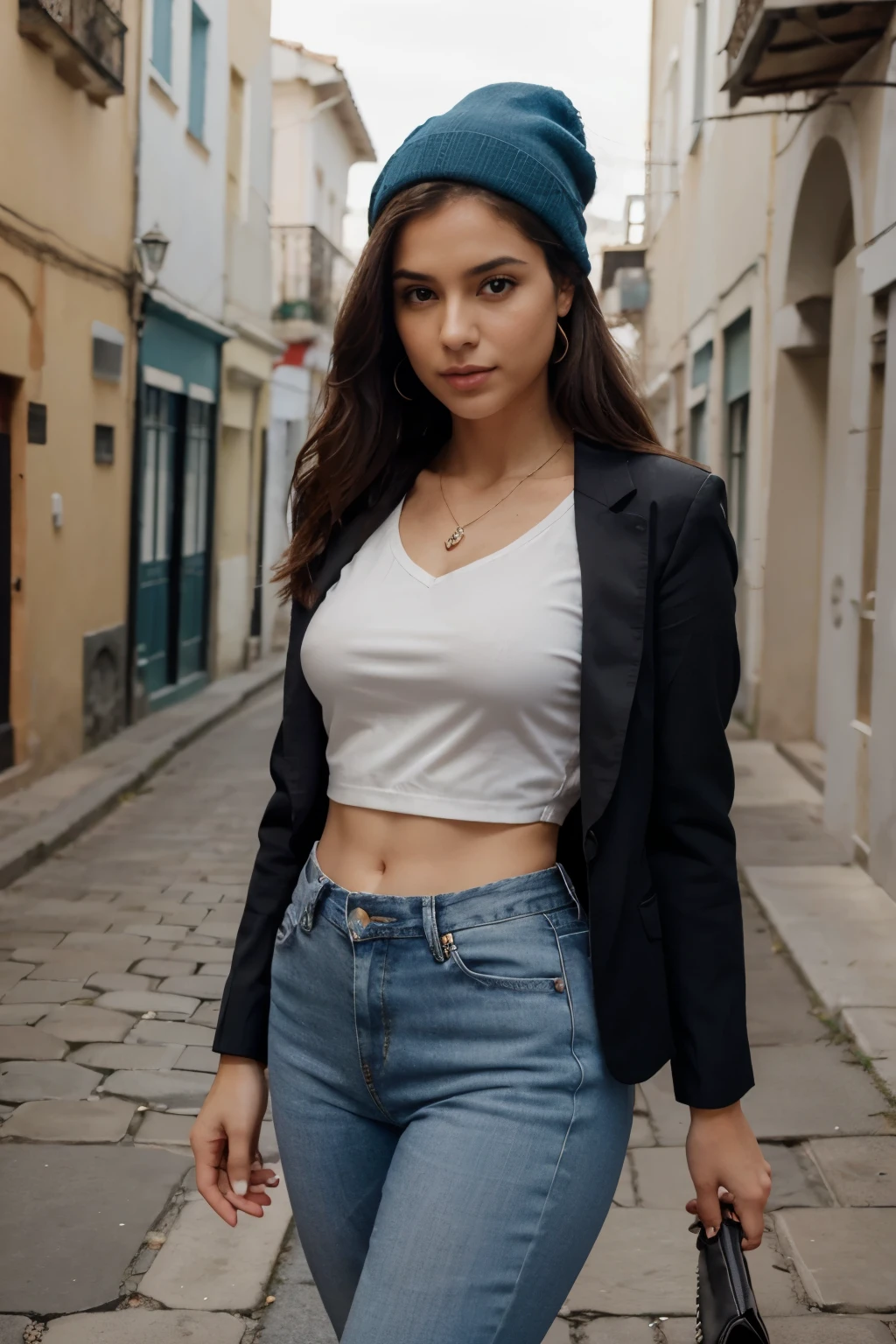 Generate a woman with the following characteristics: 
- [ ] By the chestnut - [ ] Ojos miel claros
- [ ] Ojos almendrados 
- [ ] Color de piel (Pantone 108-6 C)
- [ ] Nariz celestial (respingona)
- [ ] Thin heart-shaped lips - [ ] Forma de la cara tipo diamante 

La mujer delgada con un generoso busto ha elegido un atuendo que combina comodidad y estilo sin comprometer su elegancia. Para empezar, wear a top or blouse that is slim-fit but not too tight, que realza su figura y resalta su busto de manera favorecedora. Elige un top de escote en V, that creates a vertical line and visually lengthens your silhouette, balancing your bust proportion.

Complementando el top, opta por unos pantalones de corte recto o unos jeans de tiro medio. Estos pantalones ajustados en las caderas y los muslos, but looser in the legs, ayudan a equilibrar la figura y acentuar la delgadez de la mujer. Un color oscuro, como el azul marino o el negro, It is an excellent choice to create a slimming and stylized effect..

Para agregar un toque de estilo y completar el atuendo, la mujer puede optar por una chaqueta o una blazer ligera. Una chaqueta de corte entallado, con solapas elegantes y detalles sutiles, adds a sophisticated touch to the outfit. Puede elegir una chaqueta en un tono neutro, como el gris o el beige, que se adapte a una variedad de ocasiones casuales.

En cuanto a los accesorios, comfortable but elegant shoes are an ideal option. Puede optar por unos zapatos planos, como unas zapatillas blancas o unos mocasines, that give you all-day comfort without sacrificing style. Para los complementos, unos aretes sencillos y delicados, a small necklace or elegant bracelet adds a touch of femininity without overwhelming the outfit.

