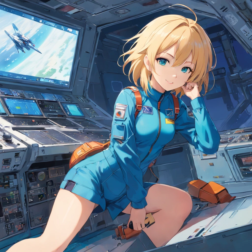 obra maestra, Female 17 years old, (rubia), (pelo corto), ojos azules, sonriendo levemente, dressed in latex space uniform with heeled boots, de pie, (cuerpo entero), resting on spacecraft cargo bay, piso mojado