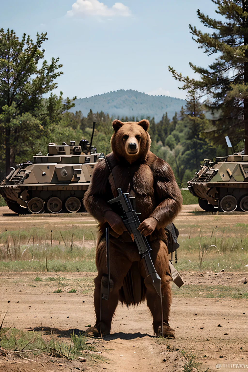 A grizzly bear standing on hind legs, holding a machine gun and wearing armor, overlooking a battlefield of broken and shot military equipment