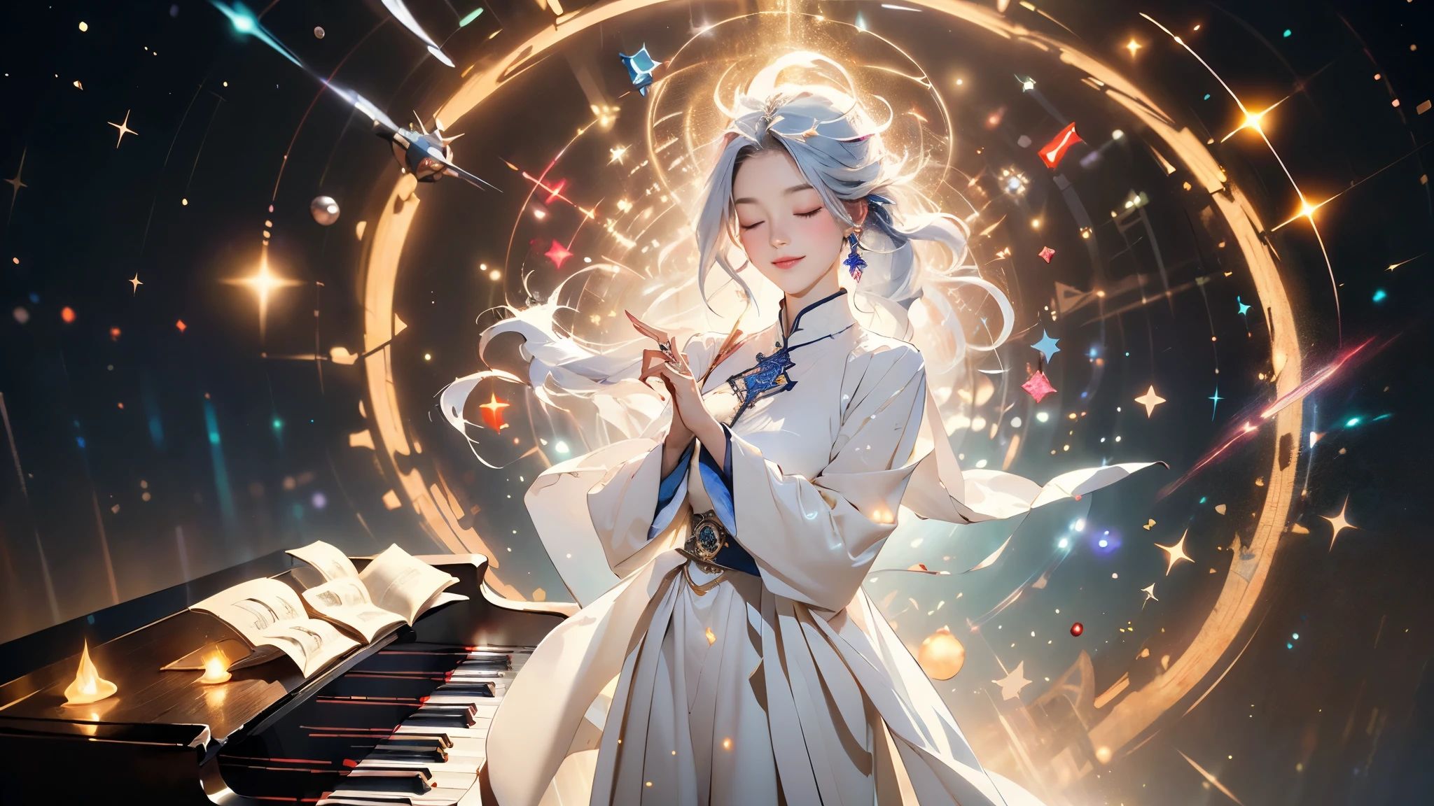 ((piano in forefront))((piano playing))((mystical))((fantastic))((symmetry))((elf wizard))((long ears))((high quality)) 4K((alone)) healing light (healing magic energy shining)((medieval Europe))((elf wizard)) wearing white glittering dress, aura, energy, eyes closed, concentrate, use magic, aura from body, spirit, magic circle